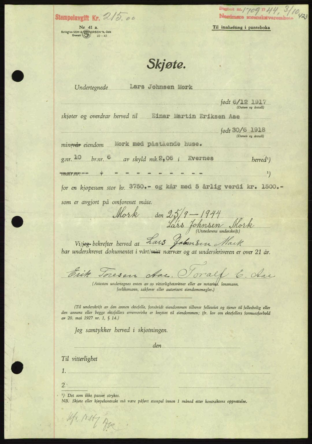 Nordmøre sorenskriveri, AV/SAT-A-4132/1/2/2Ca: Mortgage book no. A98, 1944-1944, Diary no: : 1709/1944