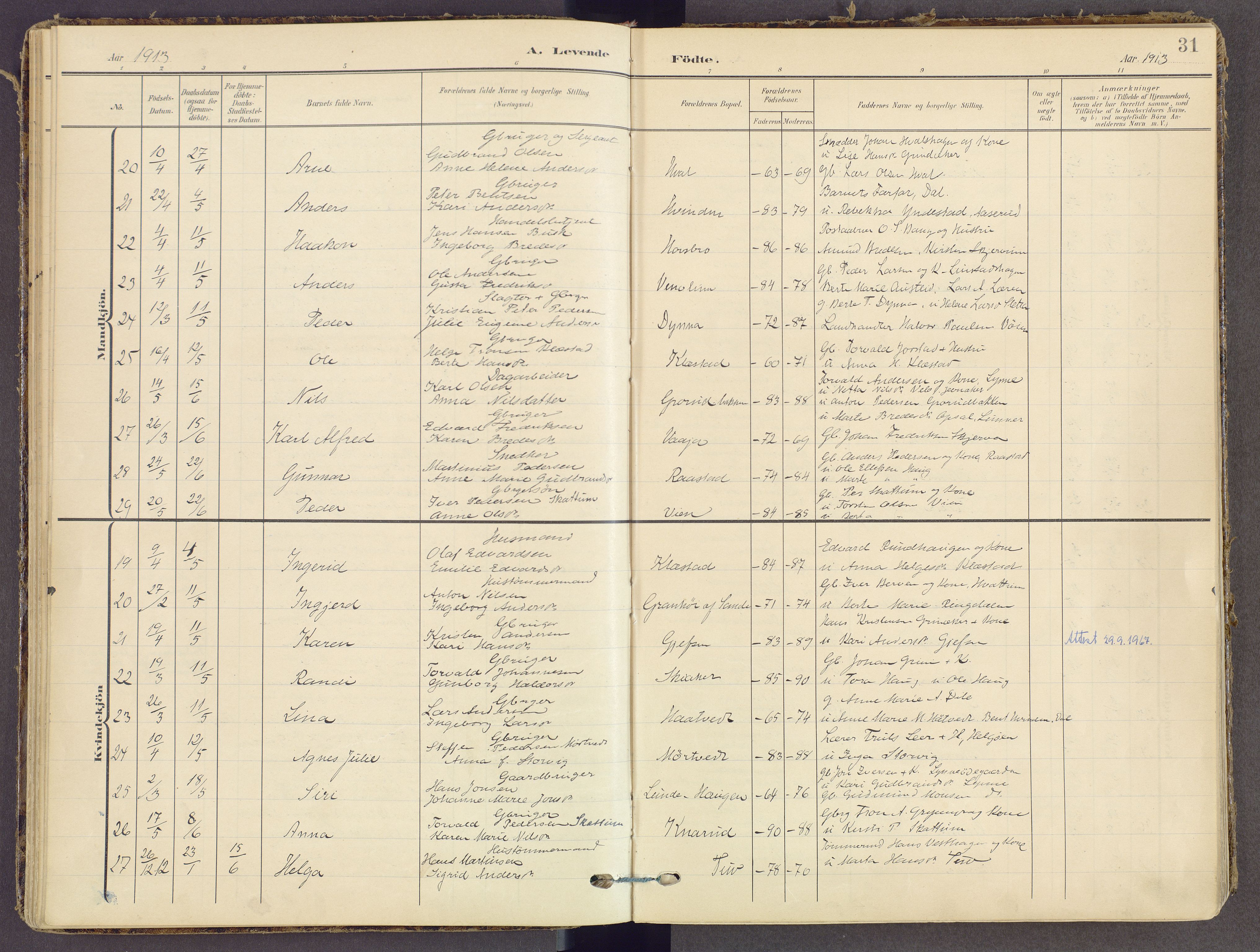 Gran prestekontor, SAH/PREST-112/H/Ha/Haa/L0021: Parish register (official) no. 21, 1908-1932, p. 31