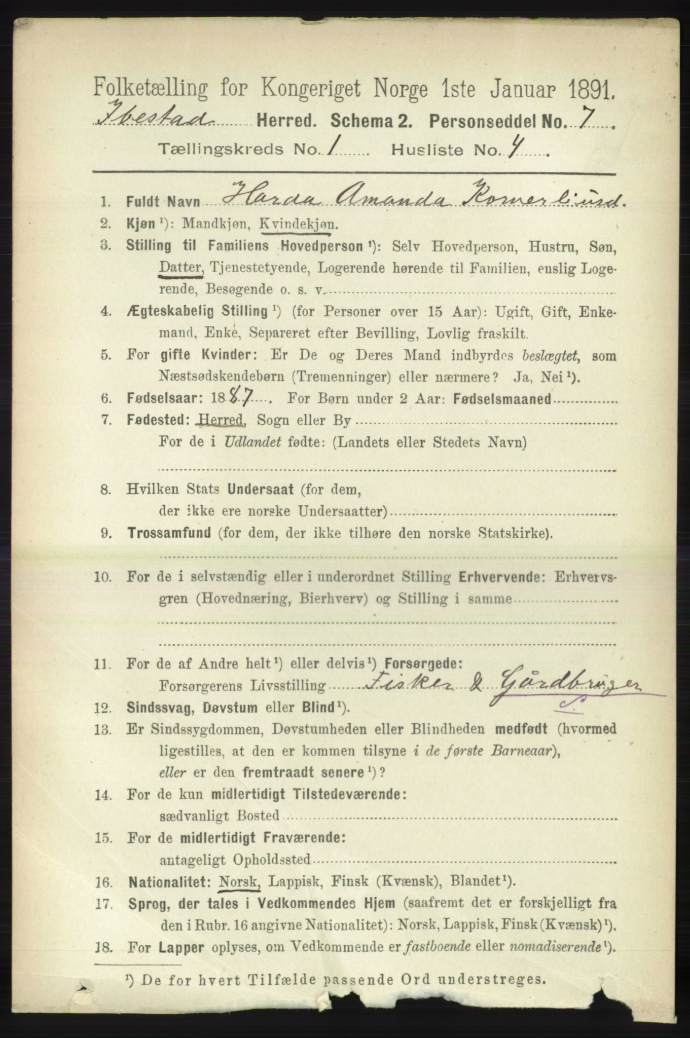 RA, 1891 census for 1917 Ibestad, 1891, p. 143