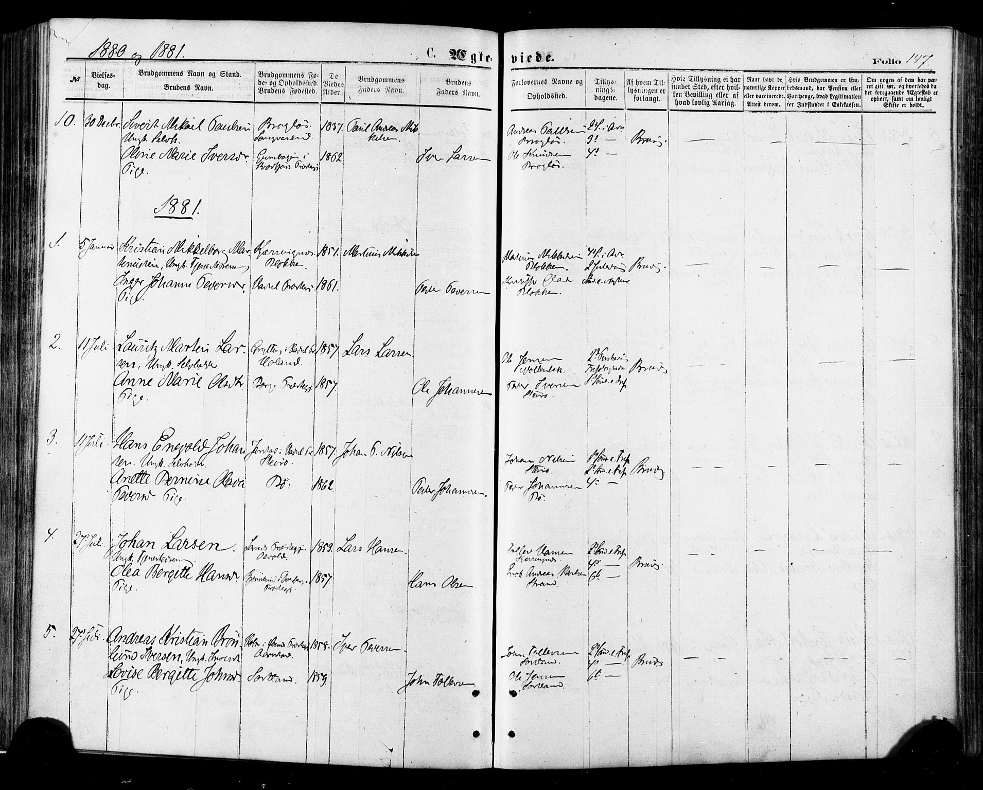 Ministerialprotokoller, klokkerbøker og fødselsregistre - Nordland, AV/SAT-A-1459/895/L1370: Parish register (official) no. 895A05, 1873-1884, p. 147