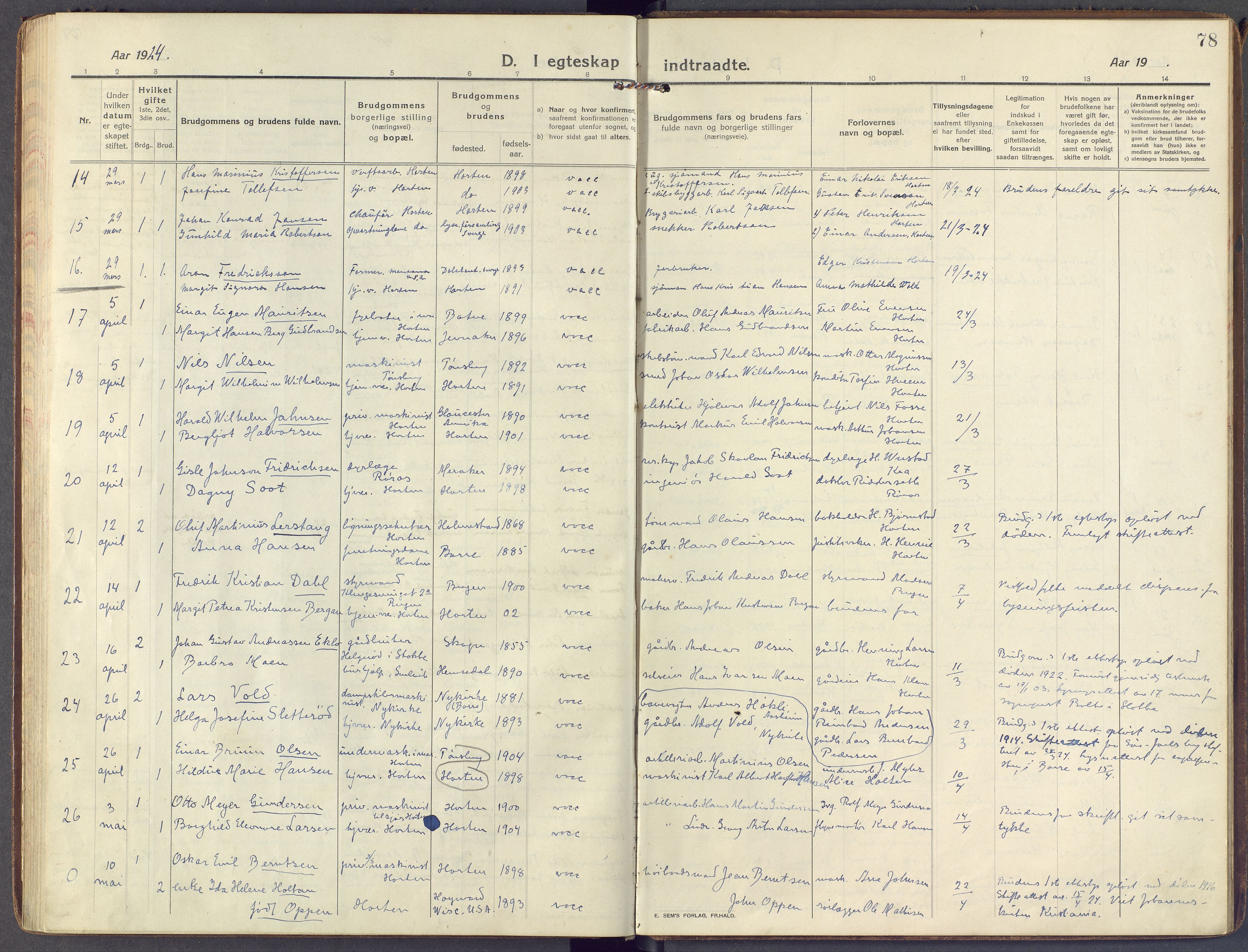 Horten kirkebøker, SAKO/A-348/F/Fa/L0008: Parish register (official) no. 8, 1913-1924, p. 78