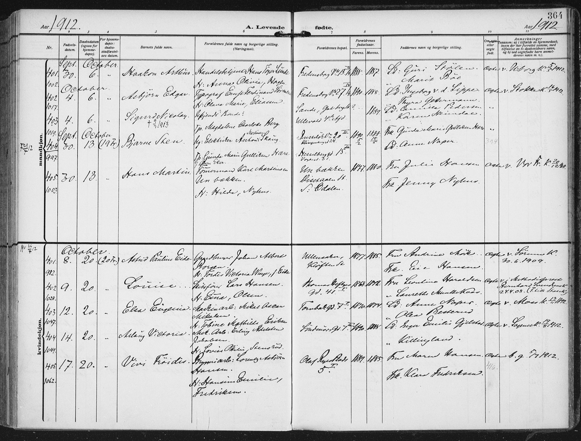 Rikshospitalet prestekontor Kirkebøker, SAO/A-10309b/F/L0014: Parish register (official) no. 14, 1909-1912, p. 364