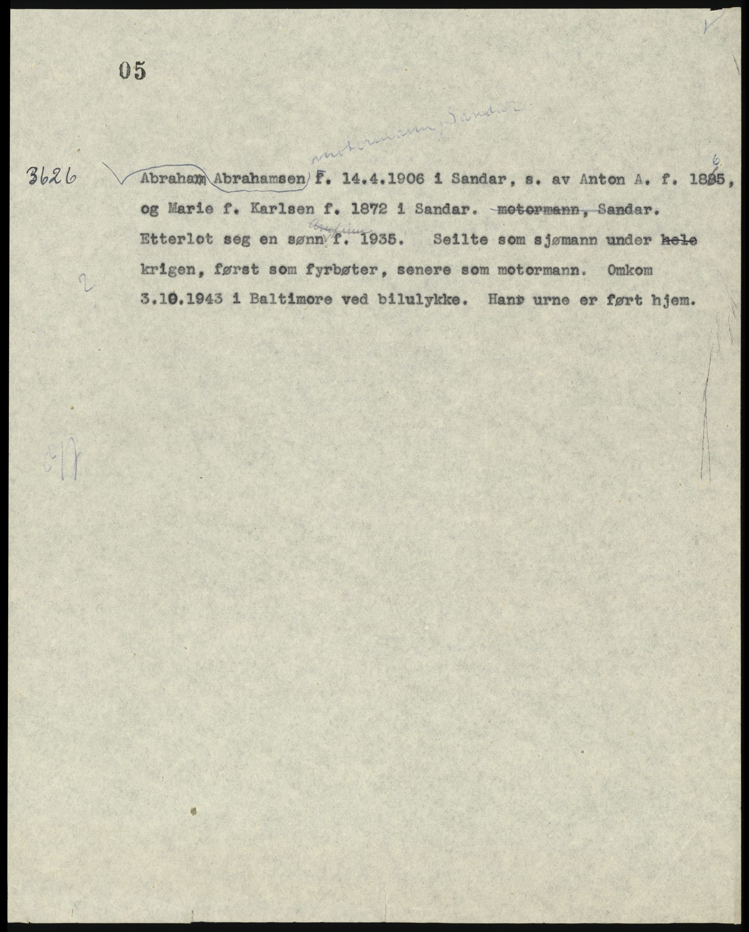 Sosialdepartementet, Våre Falne, AV/RA-S-1708/E/Ee/L0025: Personmapper: Abelsen 01 - Amundsen, H. 65, 1945-1951, p. 89