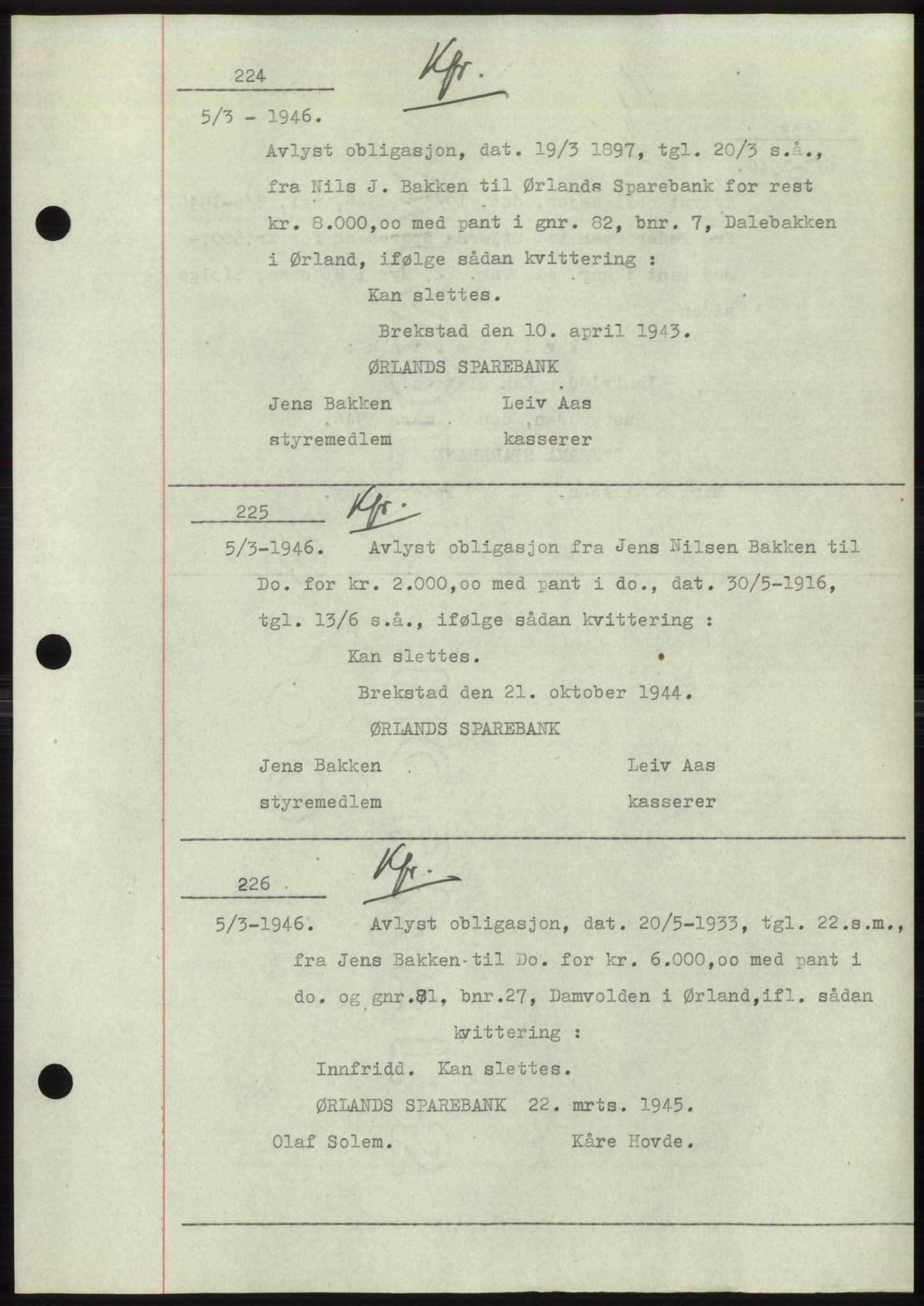 Fosen sorenskriveri, AV/SAT-A-1107/1/2/2C: Mortgage book no. B1, 1943-1946, Diary no: : 224/1946