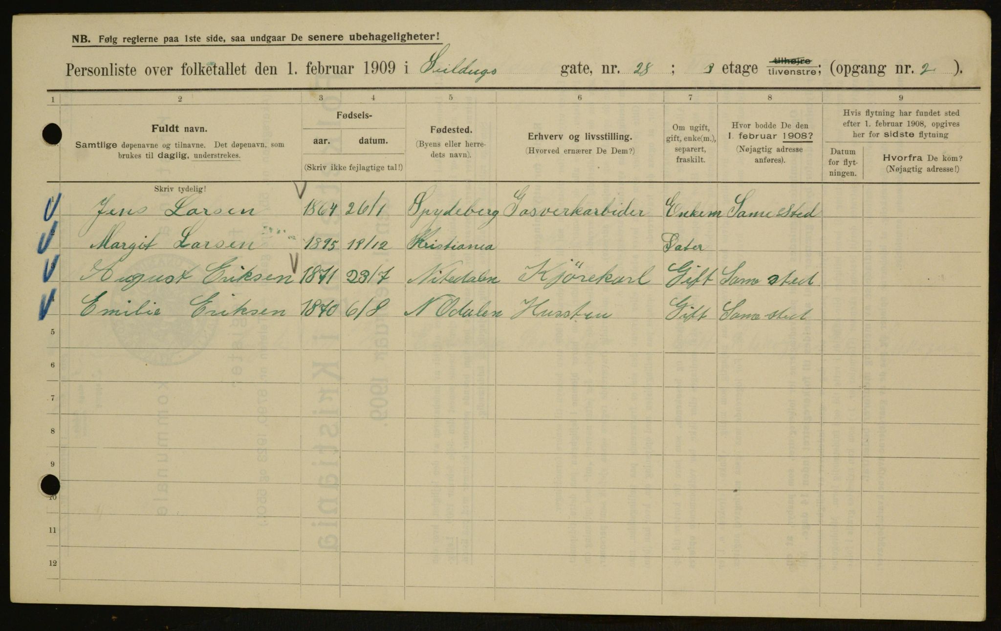 OBA, Municipal Census 1909 for Kristiania, 1909, p. 85855