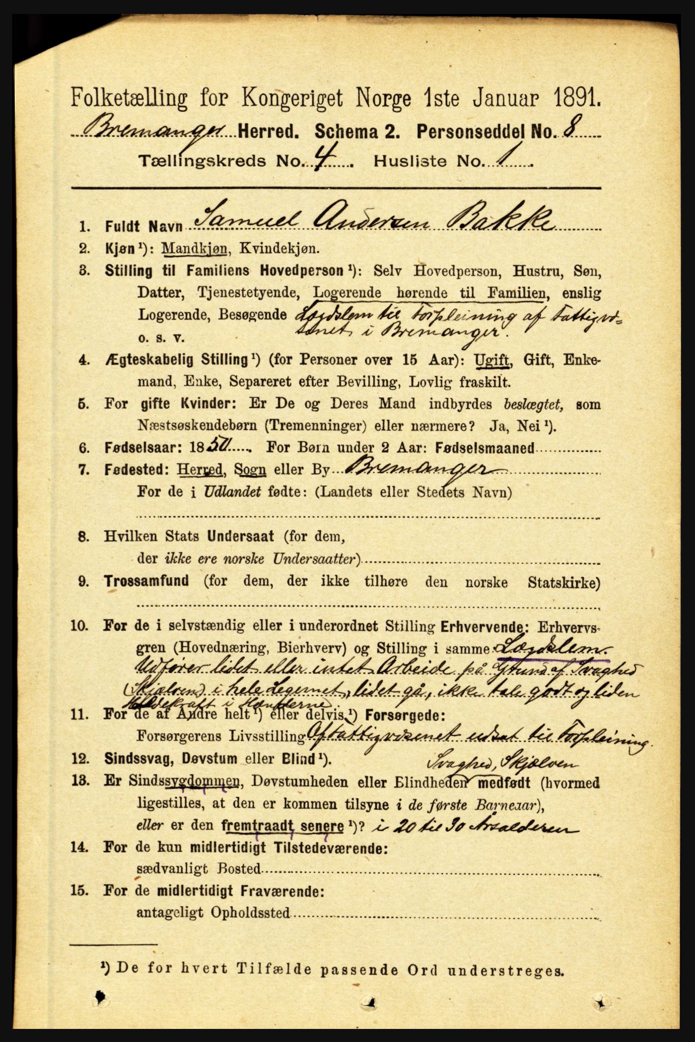 RA, 1891 census for 1438 Bremanger, 1891, p. 1519