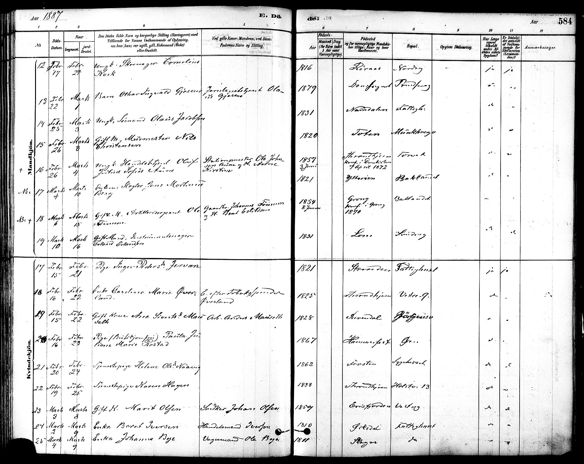 Ministerialprotokoller, klokkerbøker og fødselsregistre - Sør-Trøndelag, SAT/A-1456/601/L0058: Parish register (official) no. 601A26, 1877-1891, p. 584