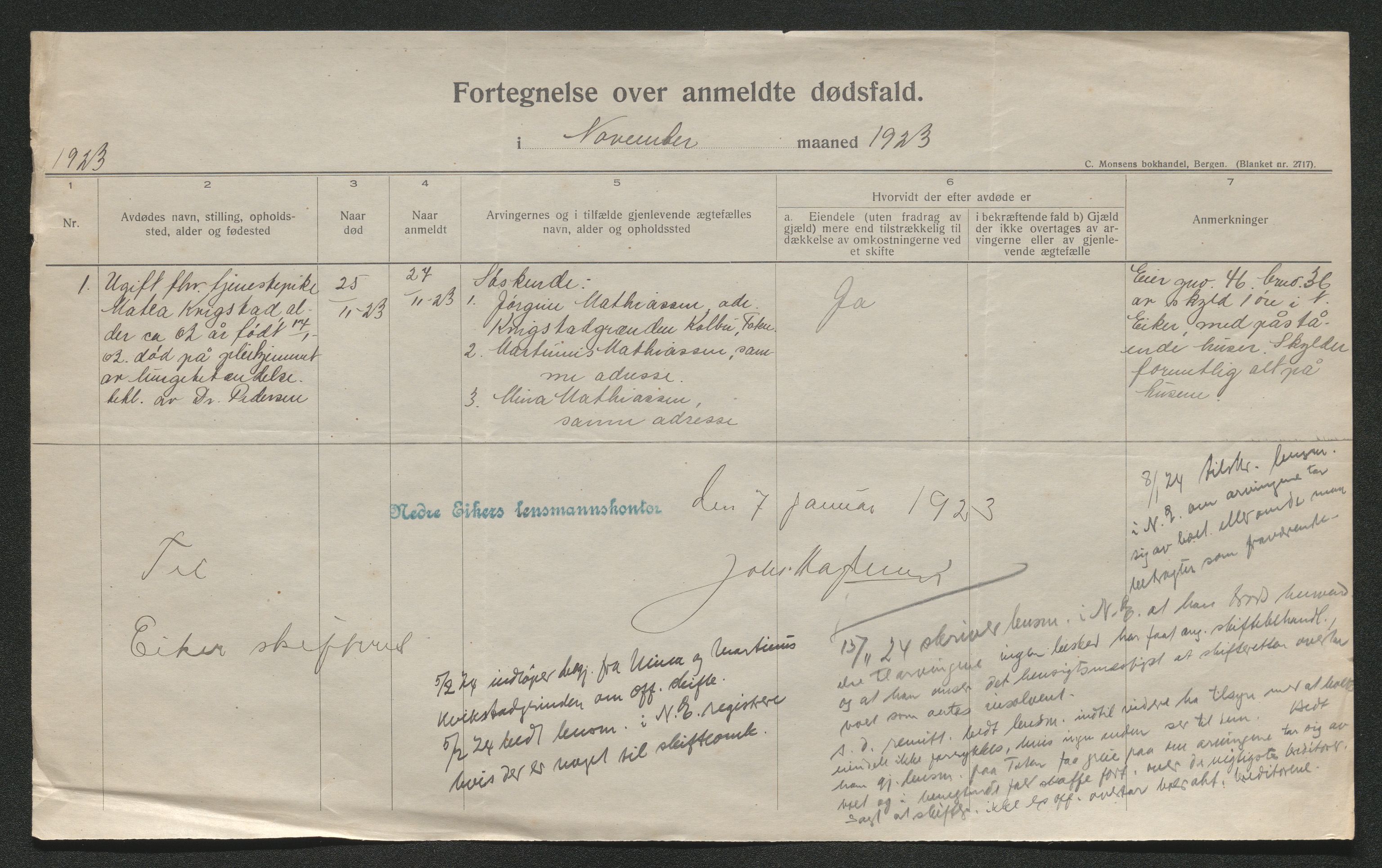 Eiker, Modum og Sigdal sorenskriveri, AV/SAKO-A-123/H/Ha/Hab/L0041: Dødsfallsmeldinger, 1922-1923, p. 950