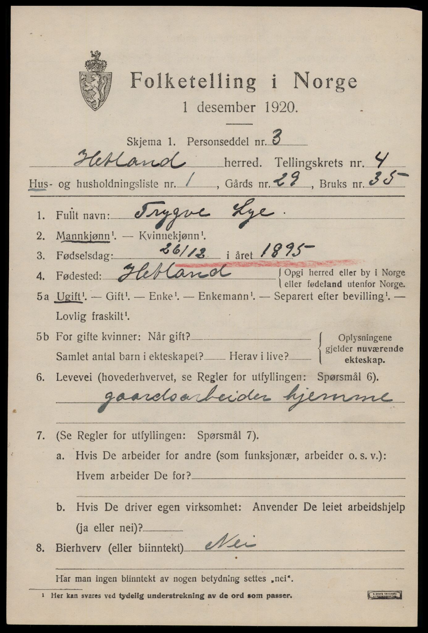 SAST, 1920 census for Hetland, 1920, p. 6263