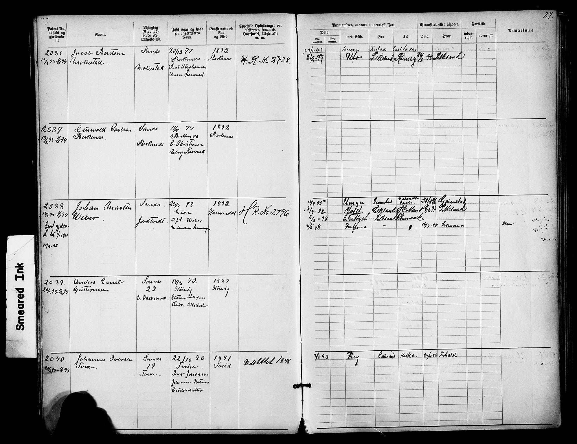 Lillesand mønstringskrets, AV/SAK-2031-0014/F/Fa/L0003: Annotasjonsrulle nr 1911-3489 med register, W-9, 1891-1932, p. 54