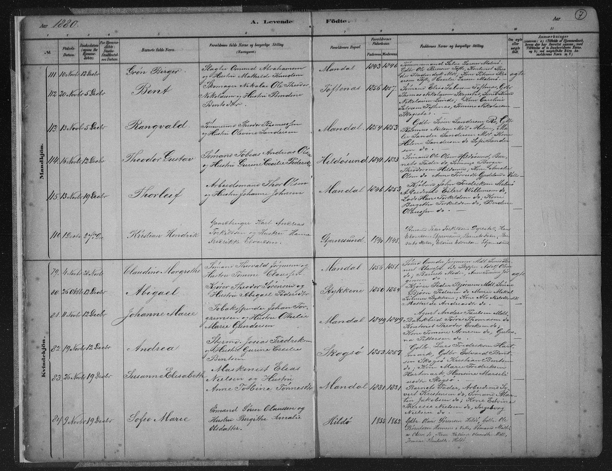 Mandal sokneprestkontor, AV/SAK-1111-0030/F/Fb/Fba/L0011: Parish register (copy) no. B 5, 1880-1898, p. 7