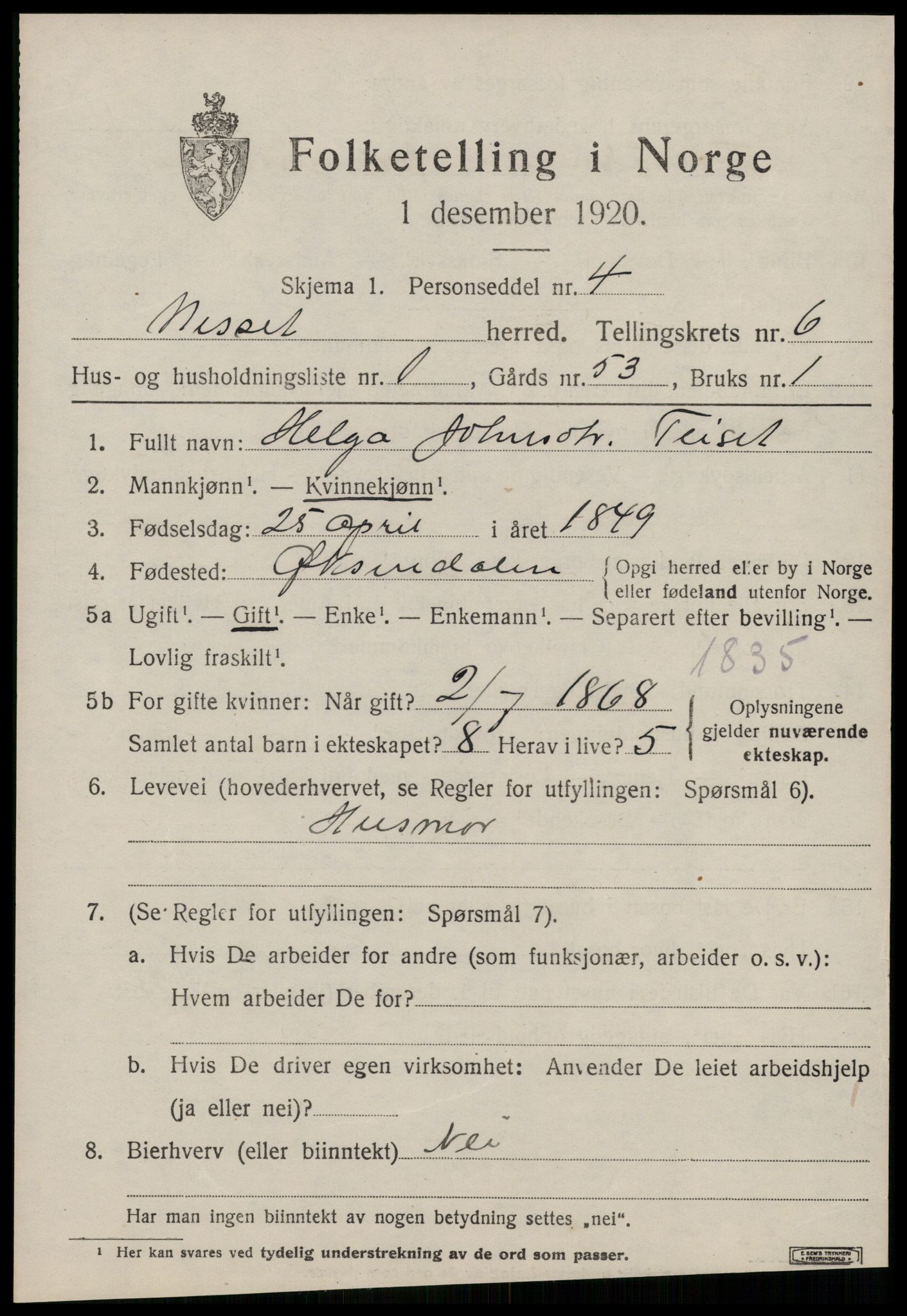 SAT, 1920 census for Nesset, 1920, p. 2808