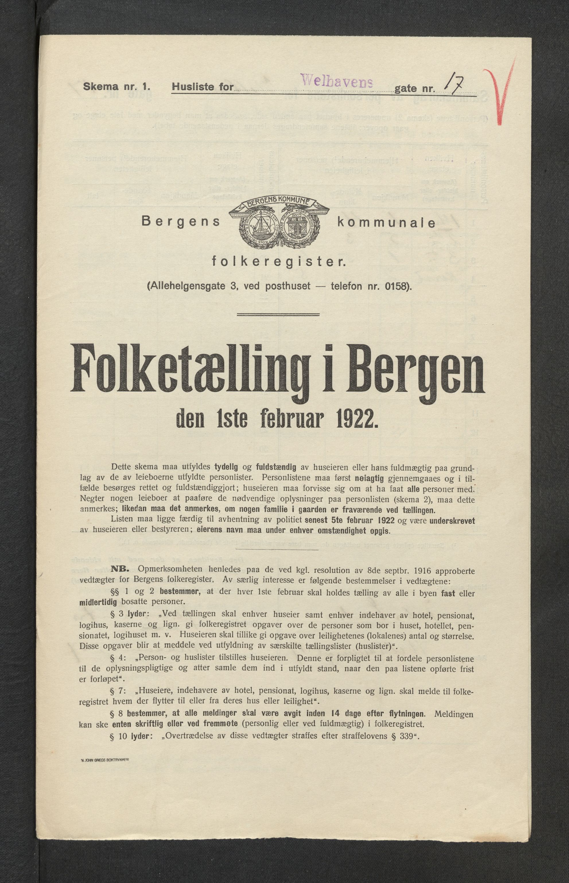 SAB, Municipal Census 1922 for Bergen, 1922, p. 47059