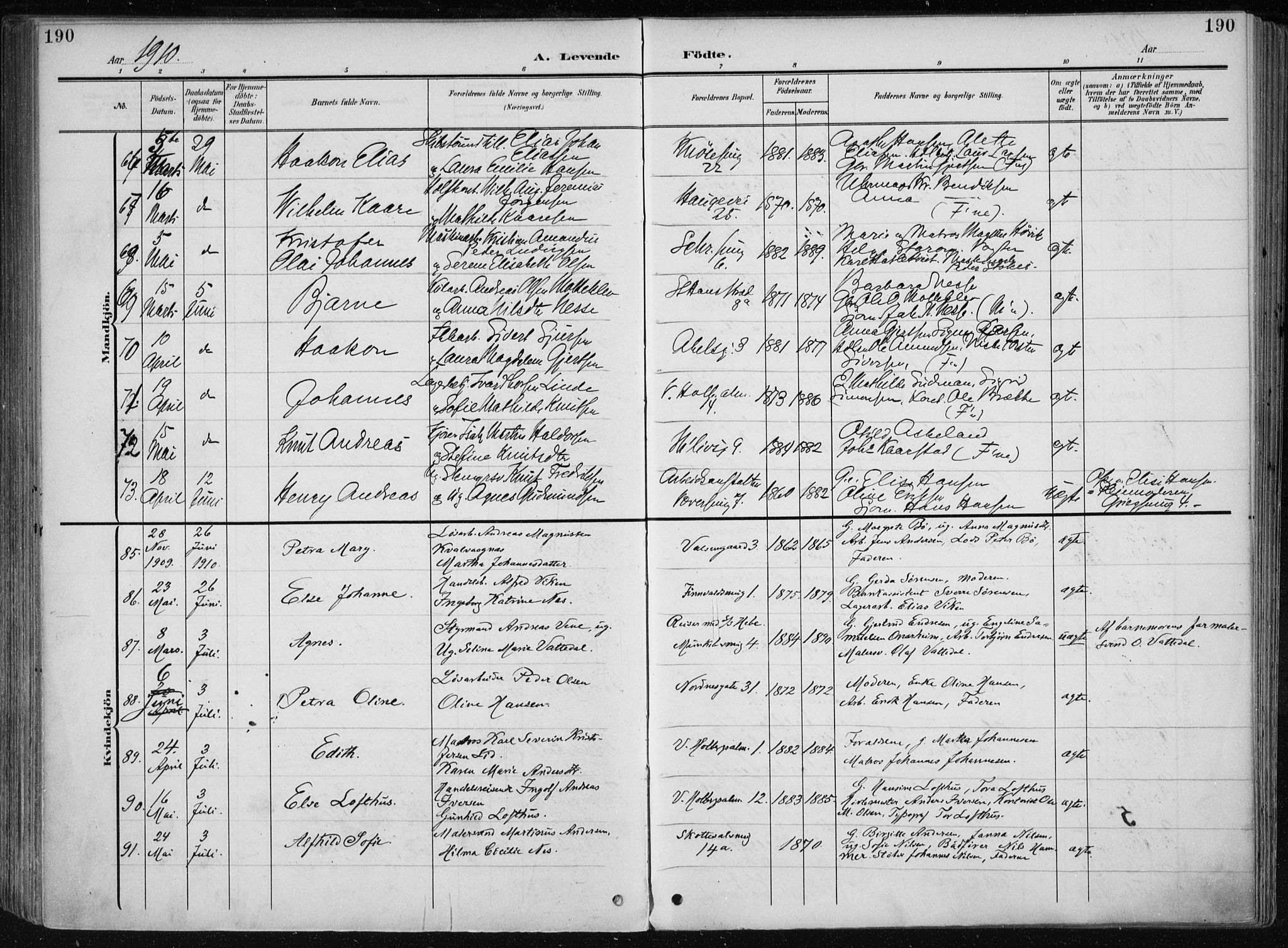 Nykirken Sokneprestembete, AV/SAB-A-77101/H/Haa/L0019: Parish register (official) no. B 7, 1904-1916, p. 190