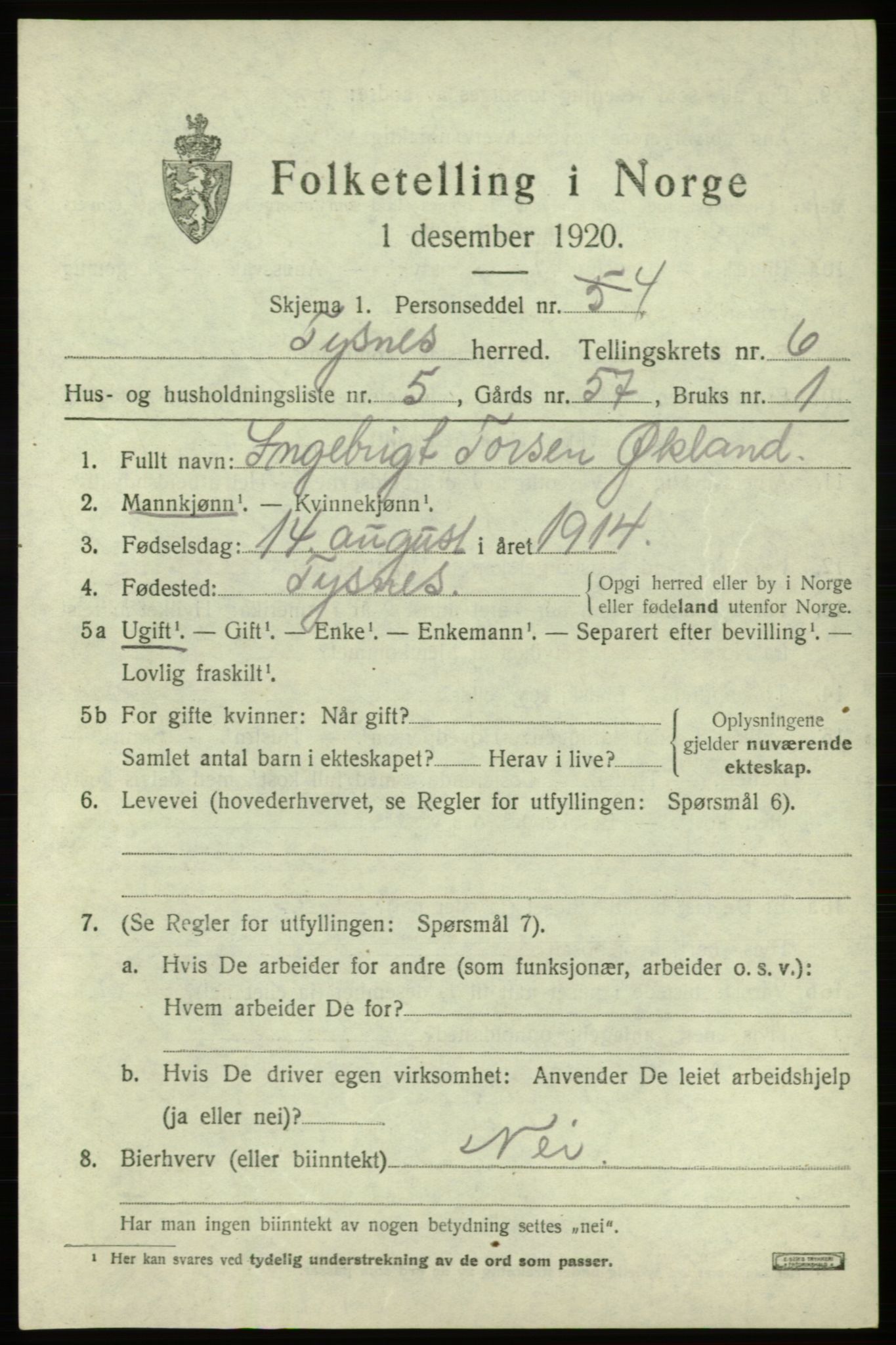 SAB, 1920 census for Tysnes, 1920, p. 4410