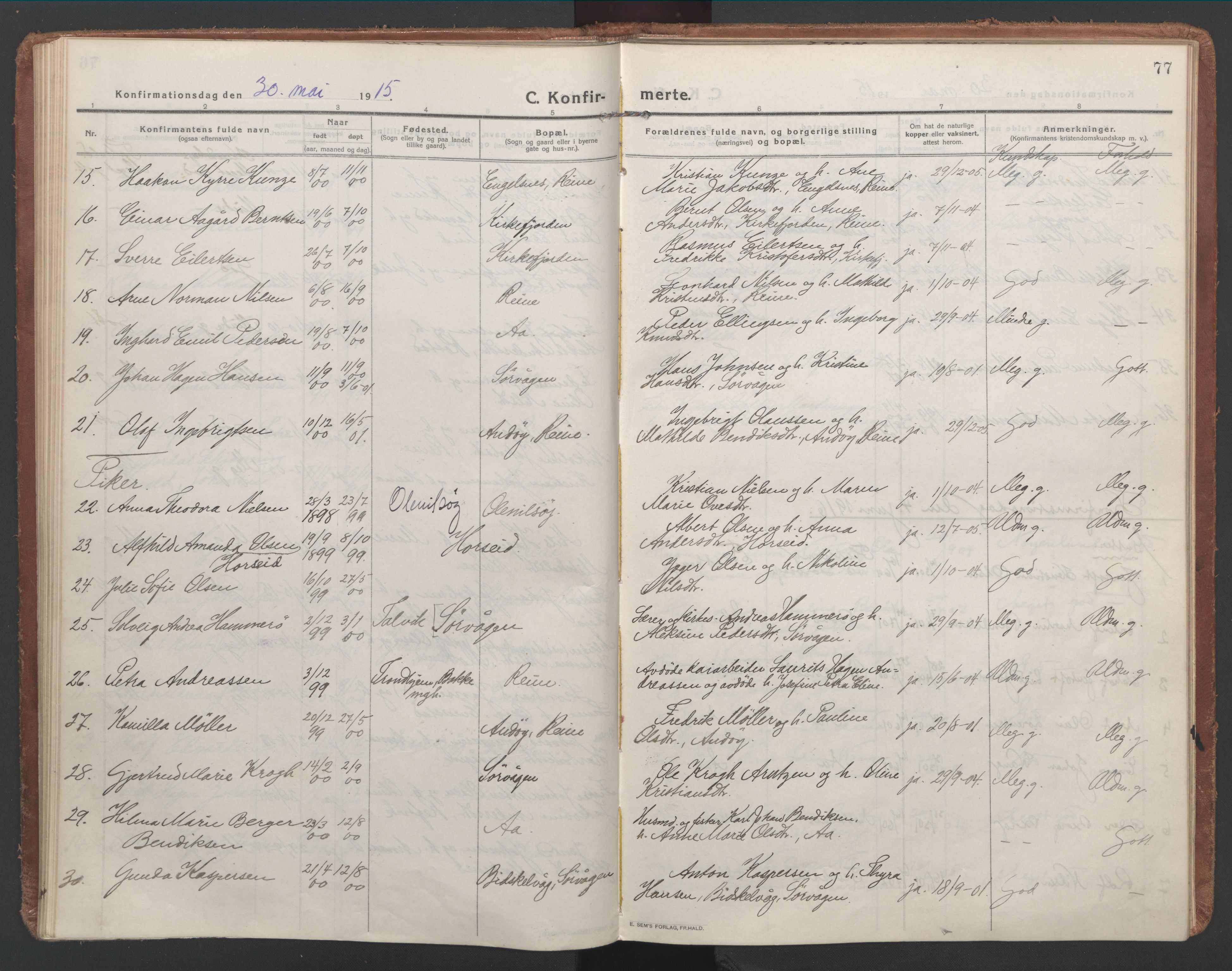 Ministerialprotokoller, klokkerbøker og fødselsregistre - Nordland, AV/SAT-A-1459/886/L1222: Parish register (official) no. 886A04, 1914-1926, p. 77