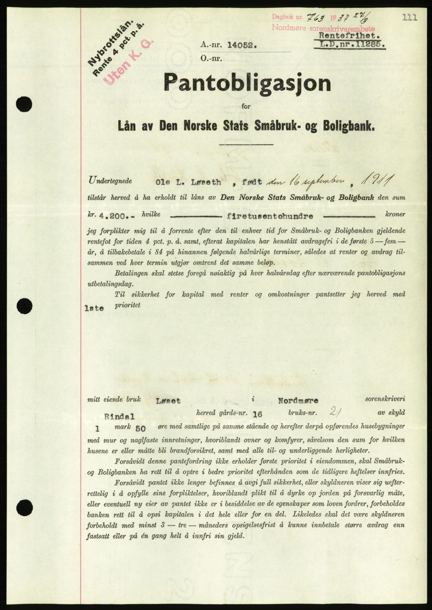 Nordmøre sorenskriveri, AV/SAT-A-4132/1/2/2Ca/L0091: Mortgage book no. B81, 1937-1937, Diary no: : 763/1937