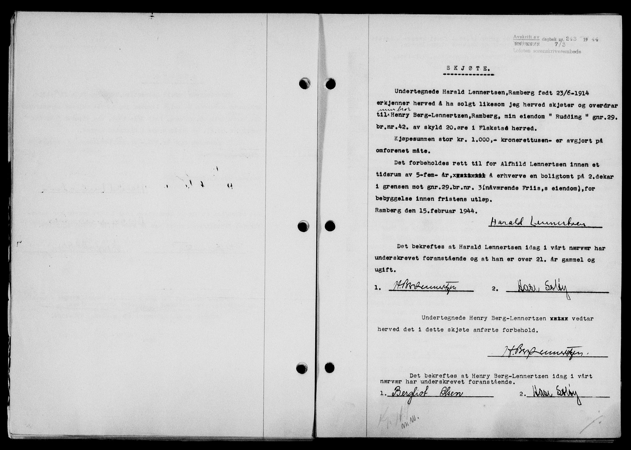 Lofoten sorenskriveri, SAT/A-0017/1/2/2C/L0012a: Mortgage book no. 12a, 1943-1944, Diary no: : 243/1944