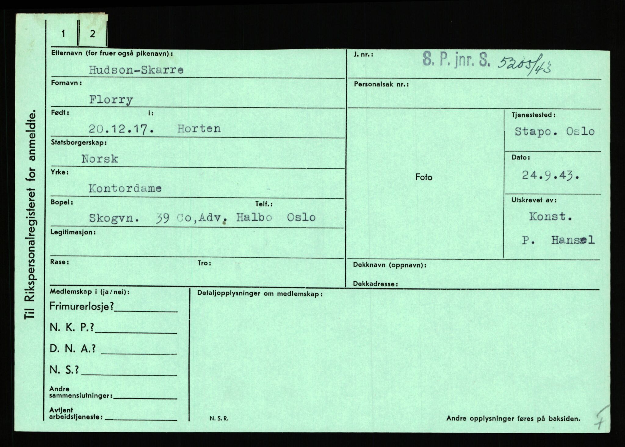 Statspolitiet - Hovedkontoret / Osloavdelingen, AV/RA-S-1329/C/Ca/L0007: Hol - Joelsen, 1943-1945, p. 1203