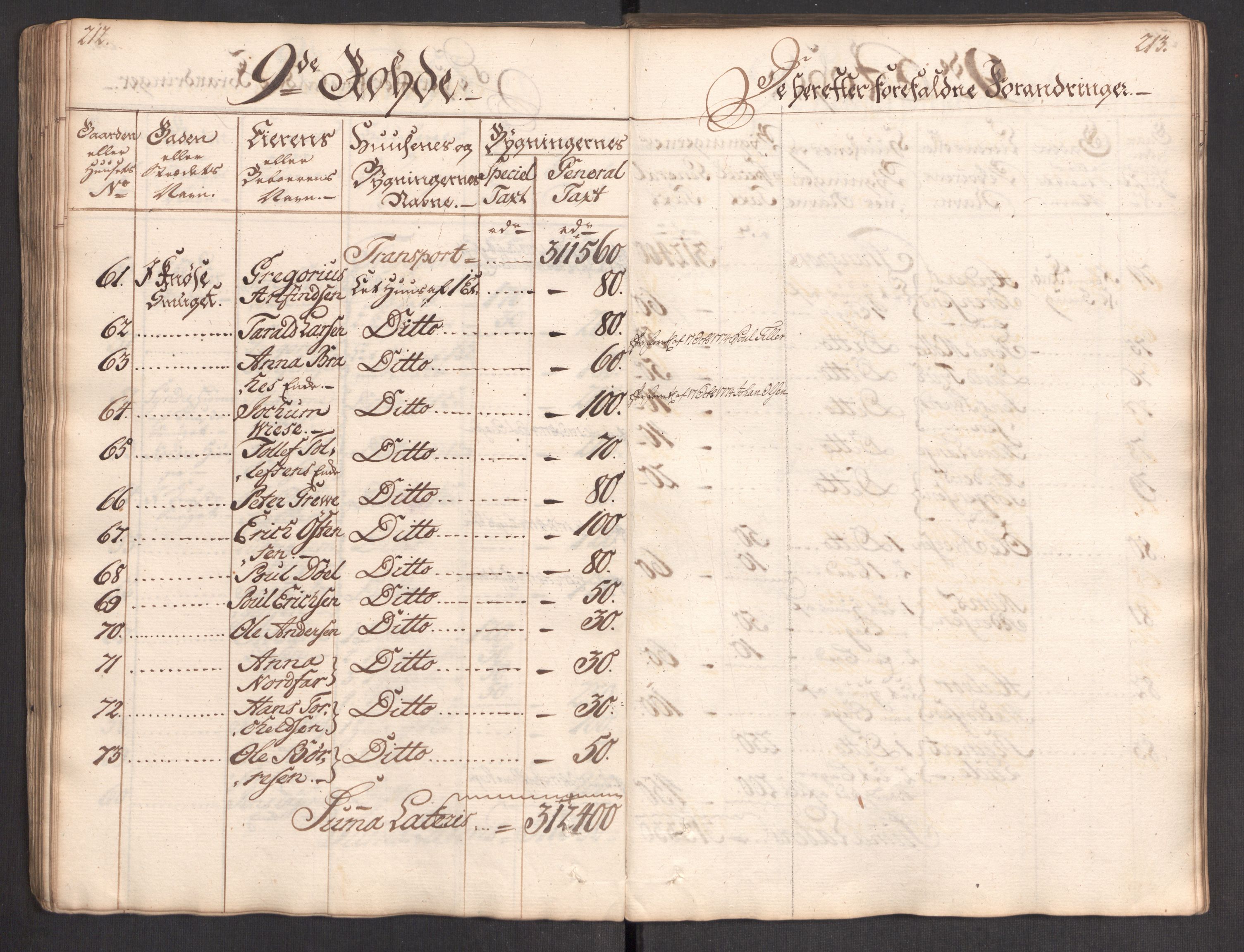 Kommersekollegiet, Brannforsikringskontoret 1767-1814, AV/RA-EA-5458/F/Fa/L0004/0002: Bergen / Branntakstprotokoll, 1767, p. 212-213