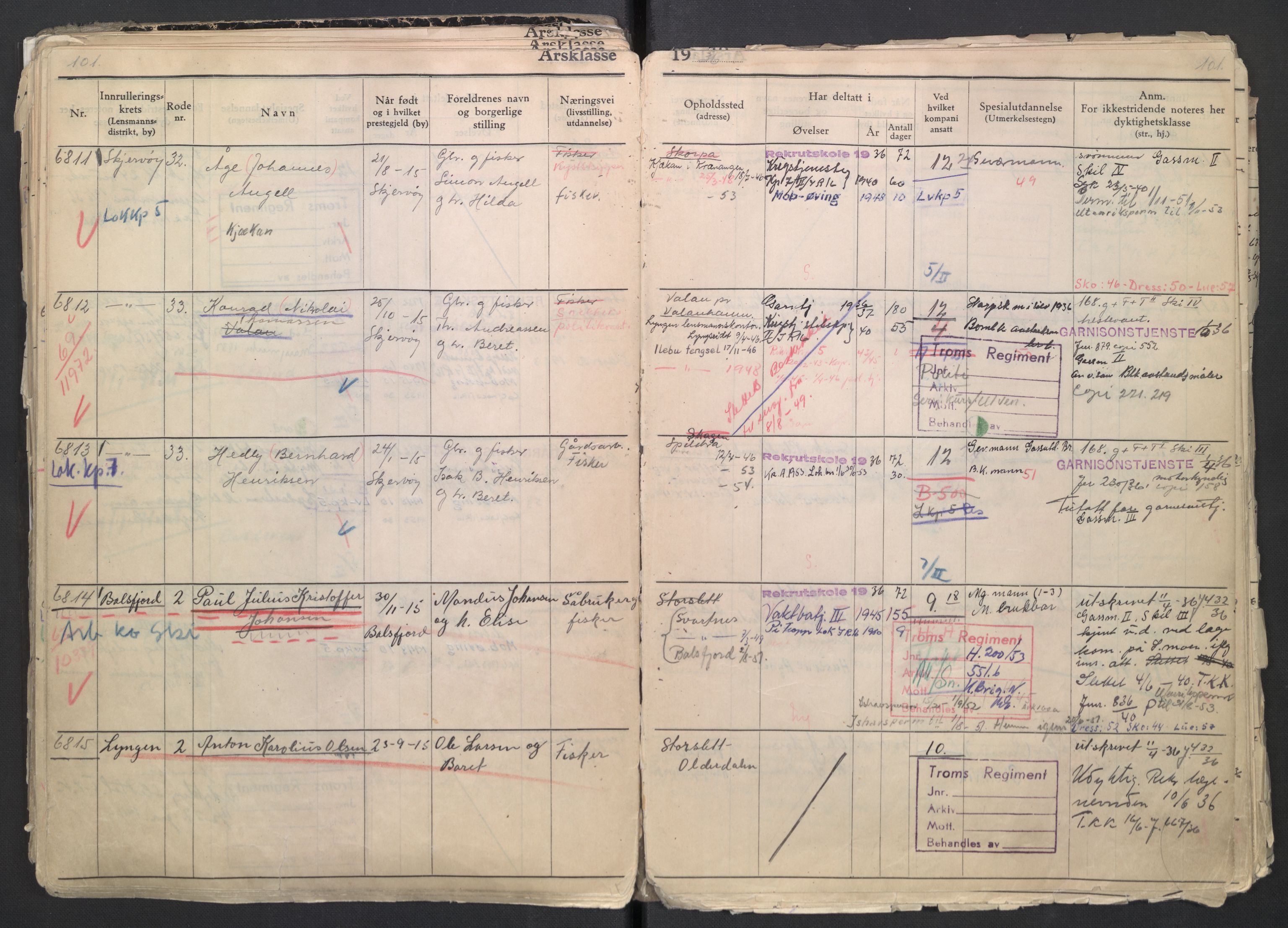 Forsvaret, Troms infanteriregiment nr. 16, AV/RA-RAFA-3146/P/Pa/L0007/0001: Ruller / Rulle for regimentets menige mannskaper, årsklasse 1936, 1936, p. 101