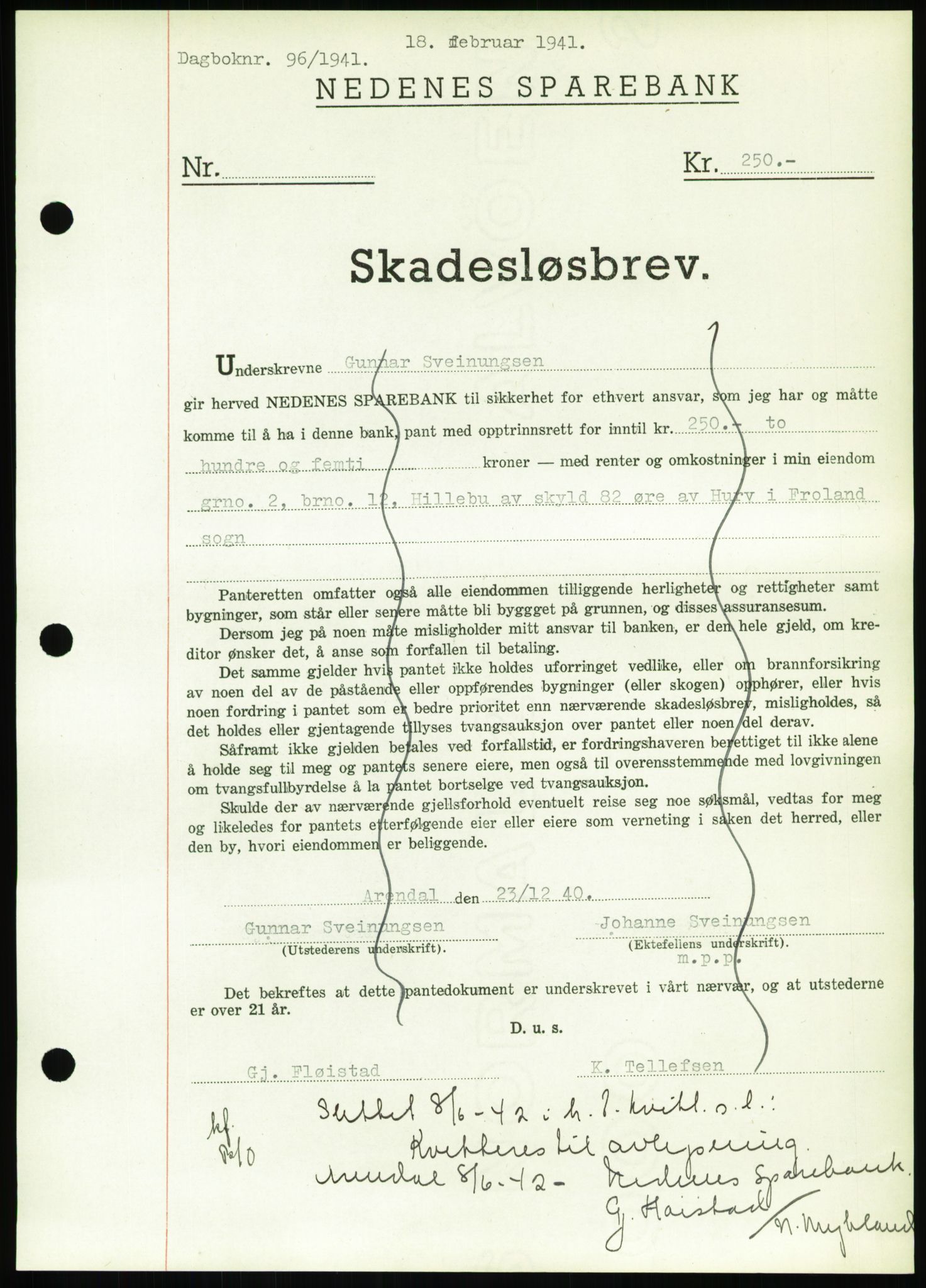 Nedenes sorenskriveri, AV/SAK-1221-0006/G/Gb/Gbb/L0001: Mortgage book no. I, 1939-1942, Diary no: : 96/1941