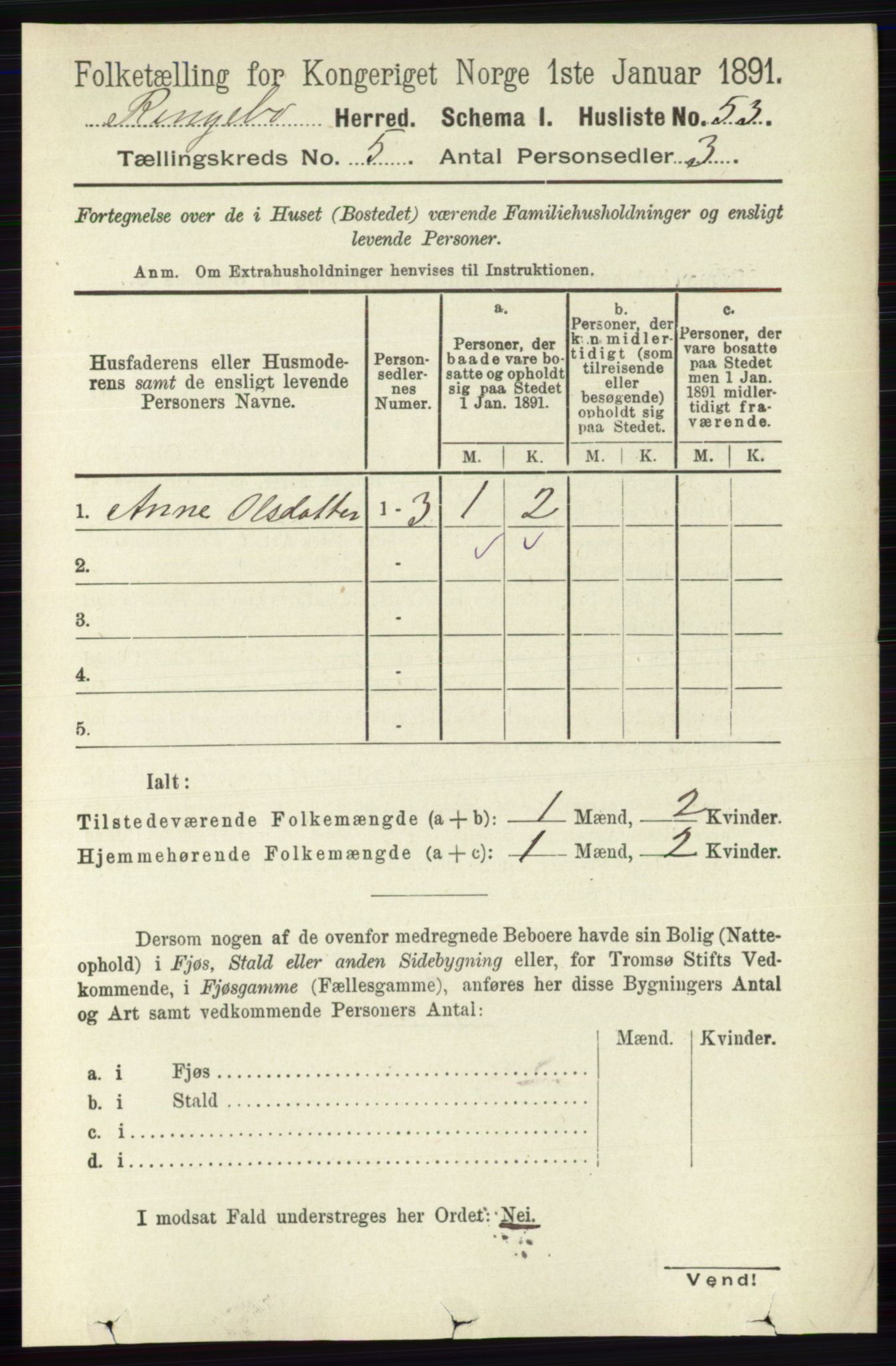 RA, 1891 census for 0520 Ringebu, 1891, p. 1952