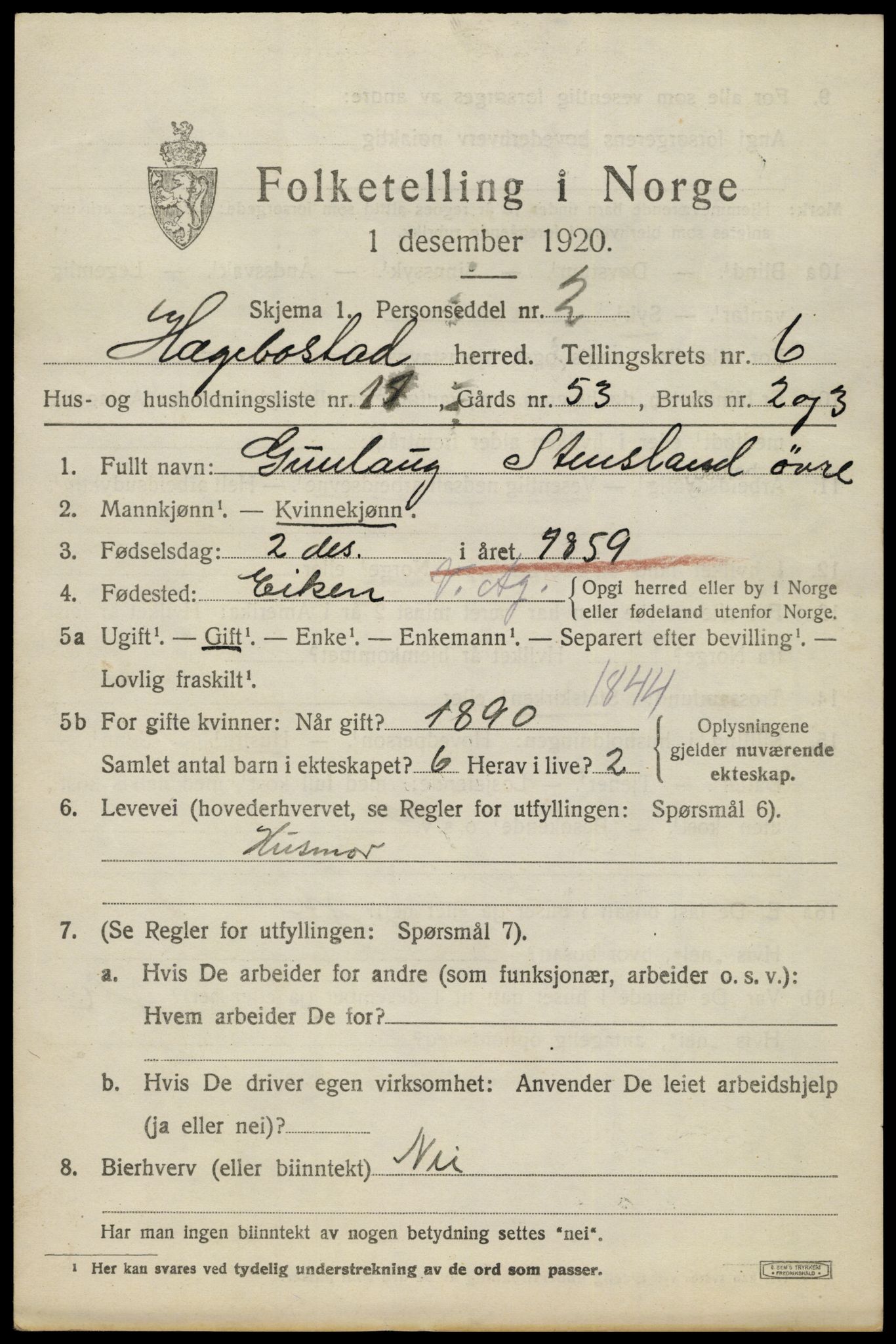 SAK, 1920 census for Hægebostad, 1920, p. 2077