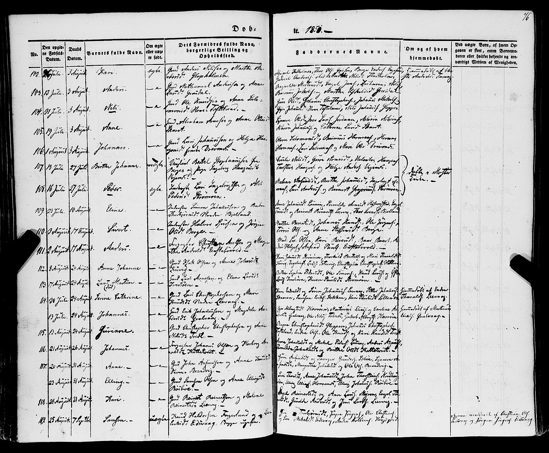 Stord sokneprestembete, SAB/A-78201/H/Haa: Parish register (official) no. A 7, 1841-1861, p. 76