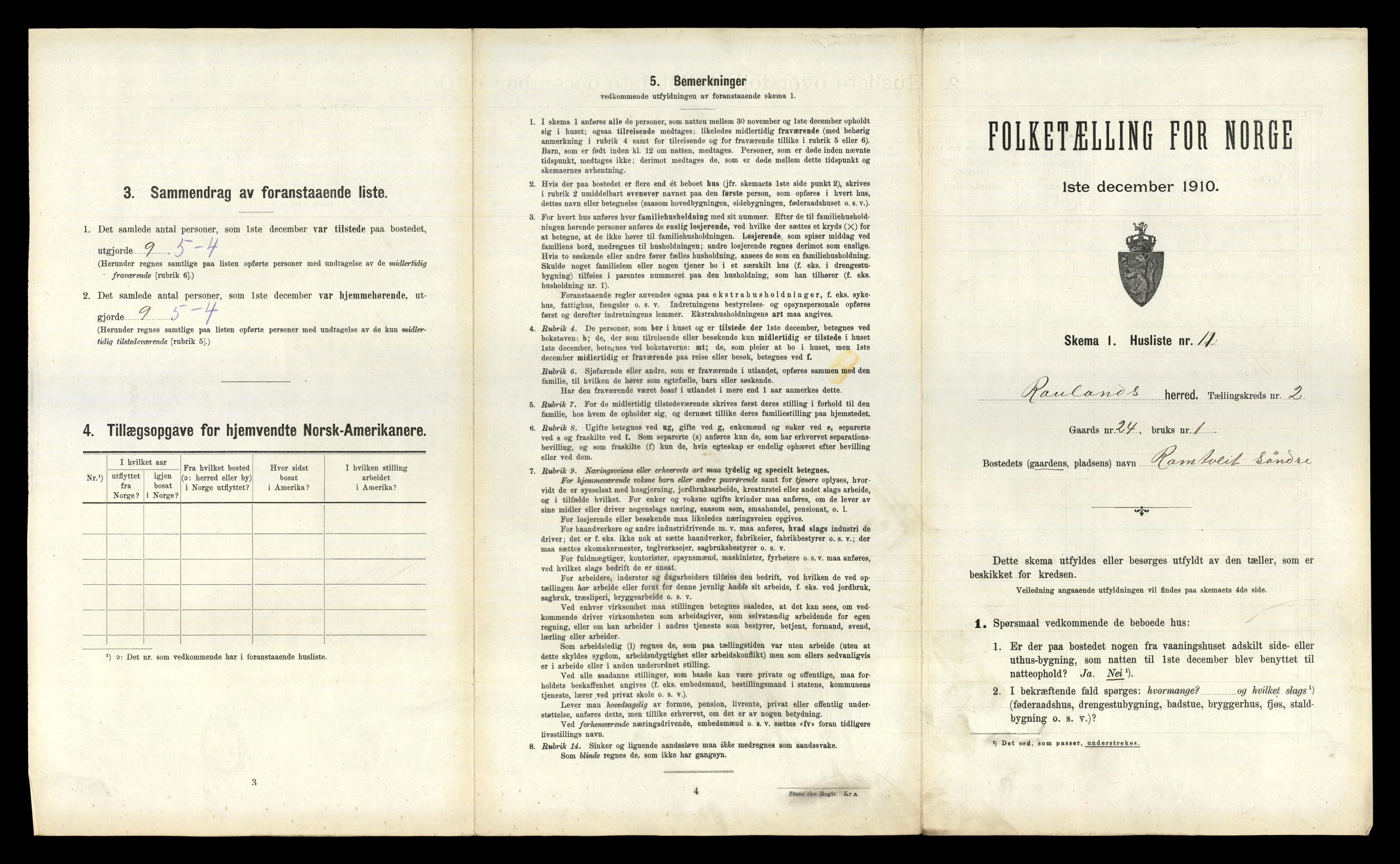 RA, 1910 census for Rauland, 1910, p. 107