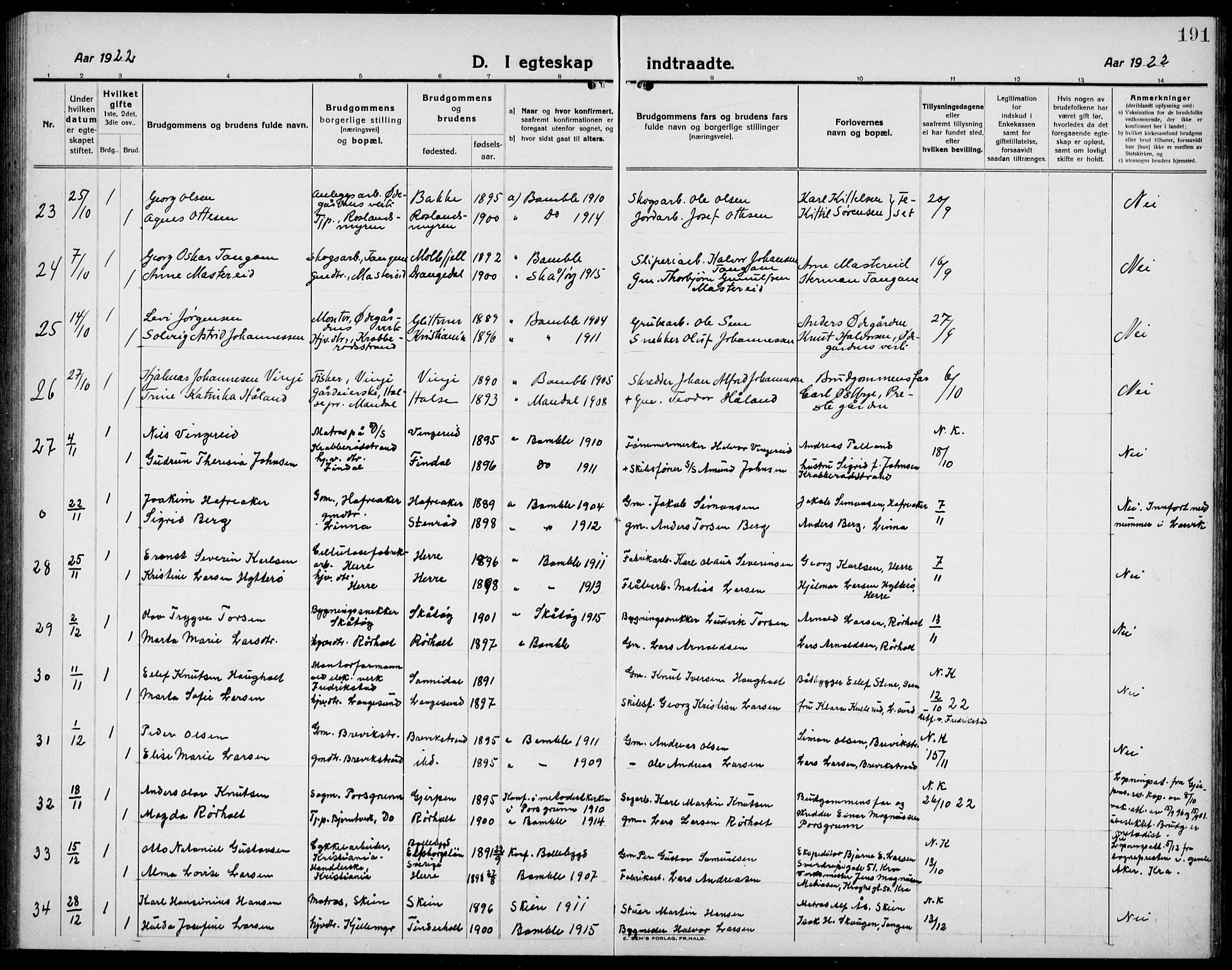 Bamble kirkebøker, SAKO/A-253/G/Ga/L0011: Parish register (copy) no. I 11, 1920-1935, p. 191