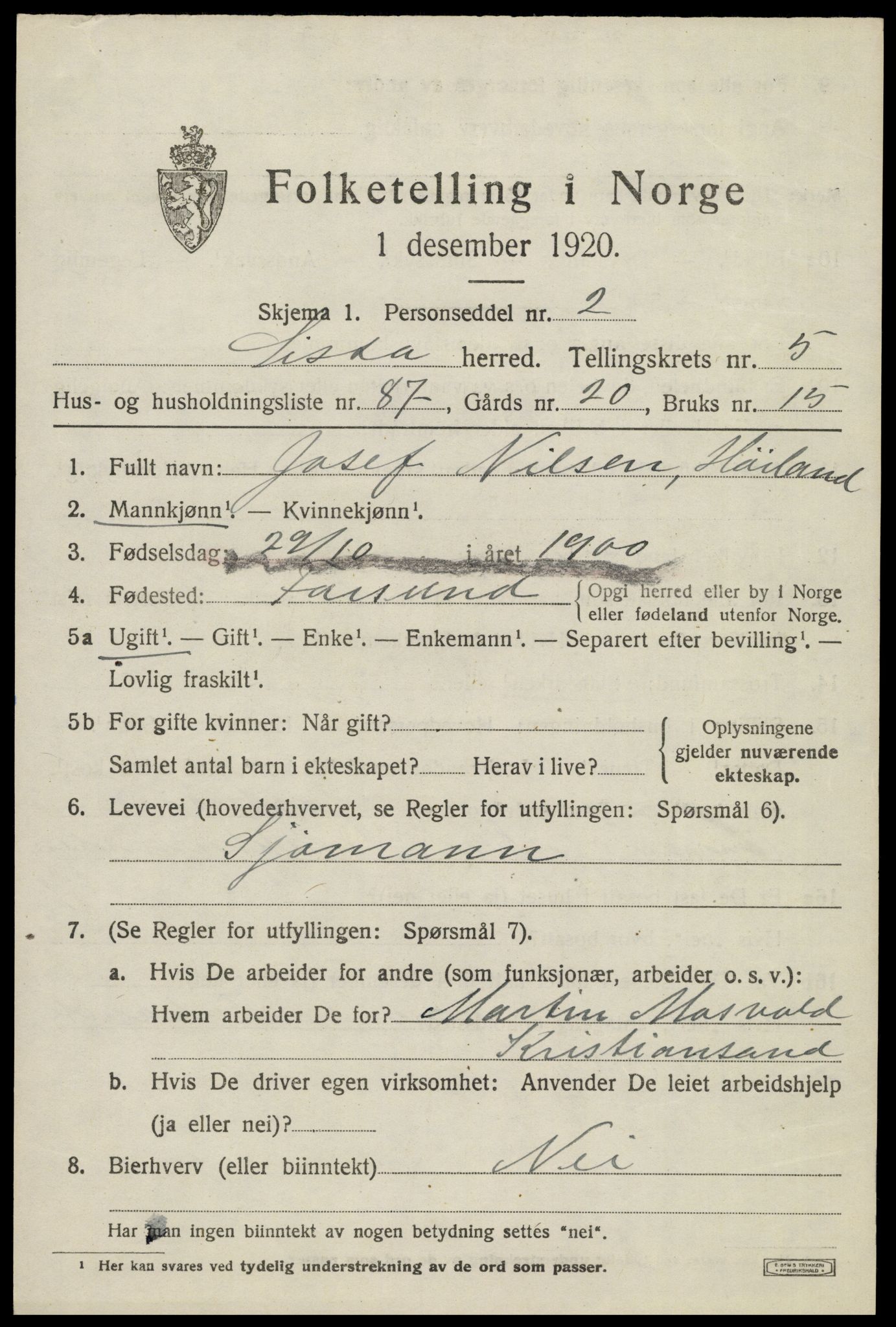 SAK, 1920 census for Lista, 1920, p. 6367