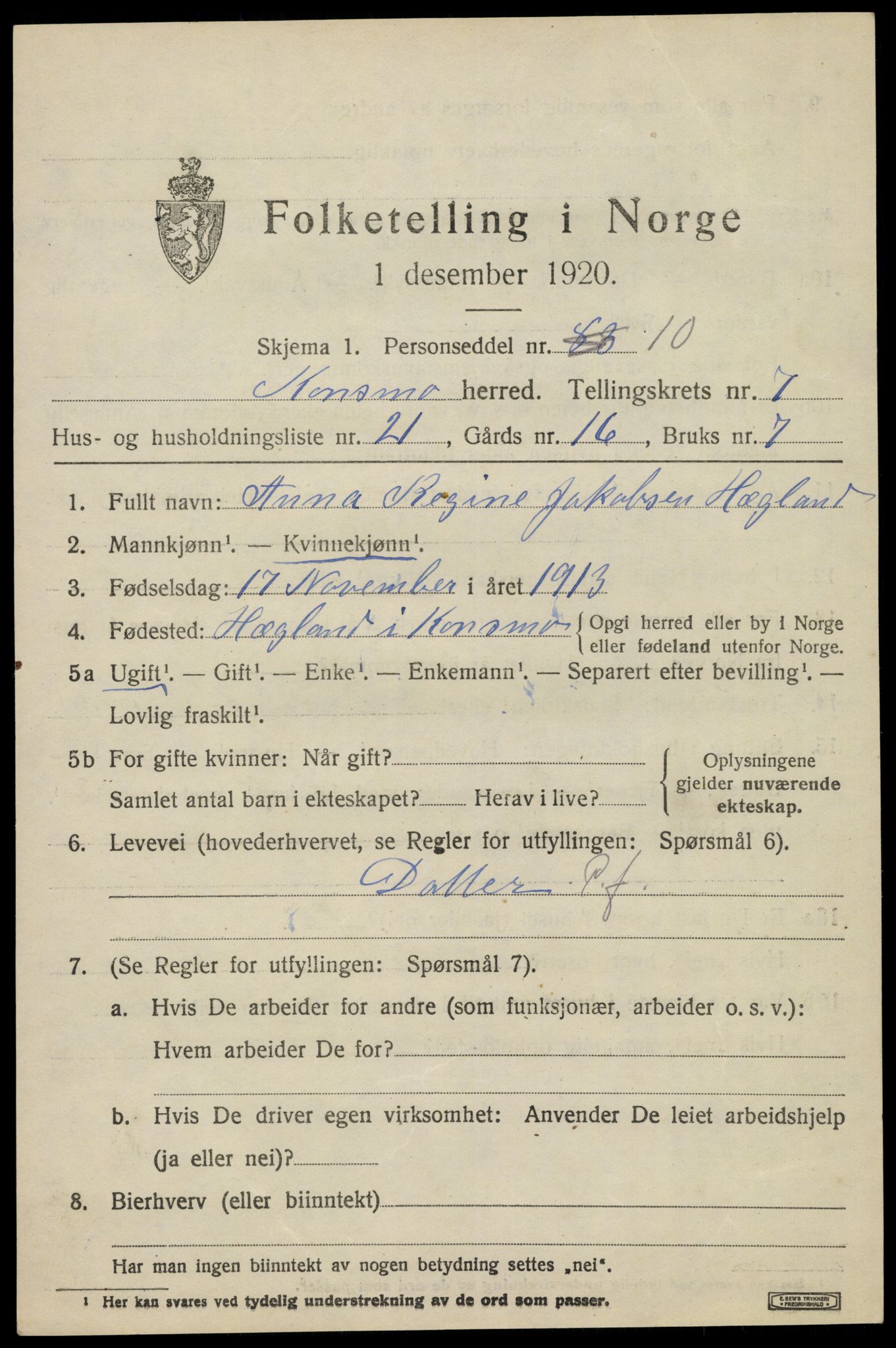 SAK, 1920 census for Konsmo, 1920, p. 1626