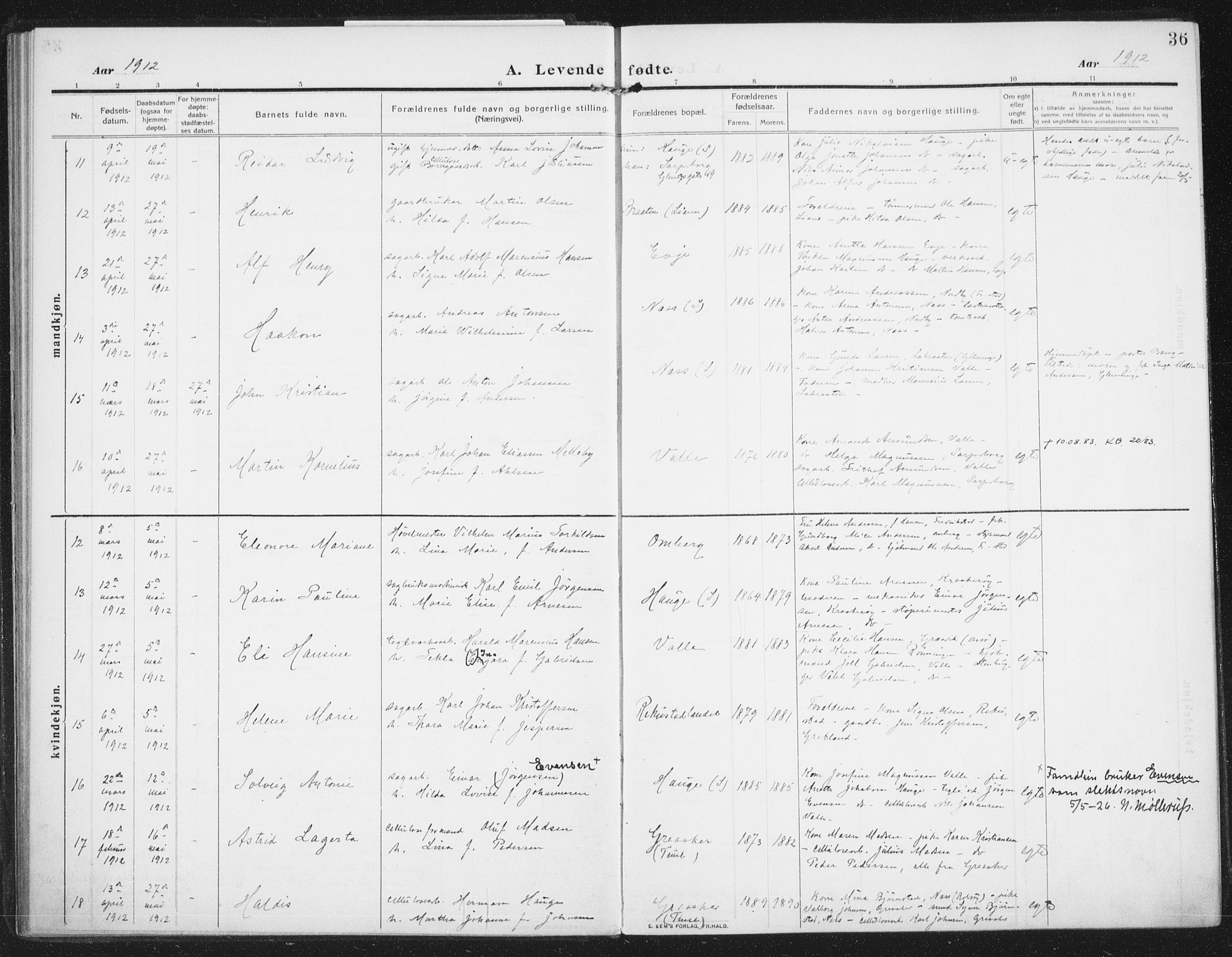 Rolvsøy prestekontor Kirkebøker, AV/SAO-A-2004/F/Fa/L0002: Parish register (official) no. 2, 1909-1917, p. 36