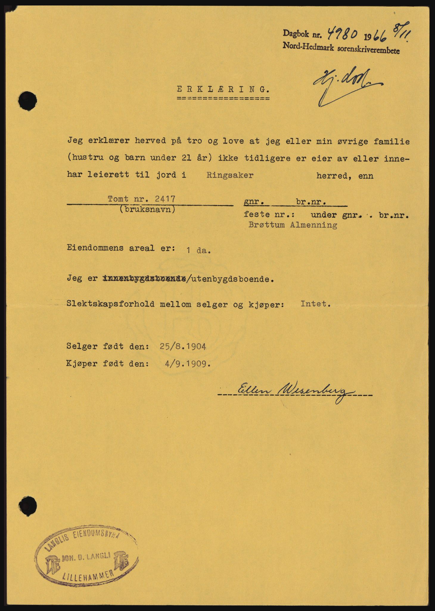 Nord-Hedmark sorenskriveri, AV/SAH-TING-012/H/Hc/L0024: Mortgage book no. 24, 1966-1966, Diary no: : 4980/1966