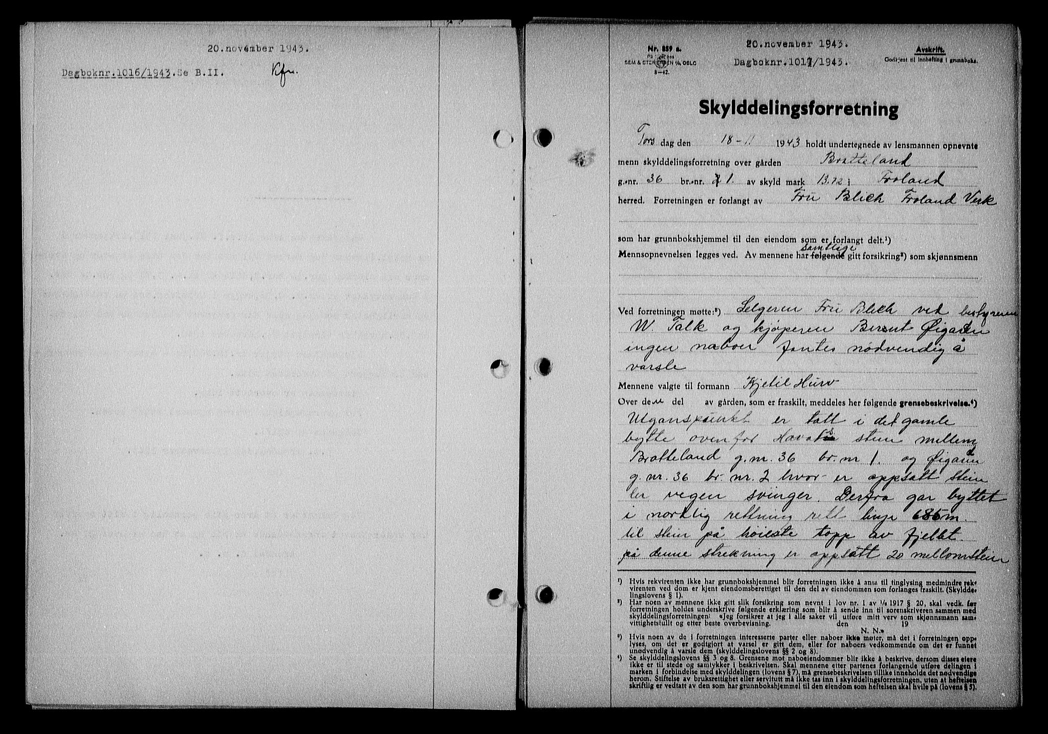 Nedenes sorenskriveri, SAK/1221-0006/G/Gb/Gba/L0051: Mortgage book no. A-V, 1943-1944, Diary no: : 1017/1943