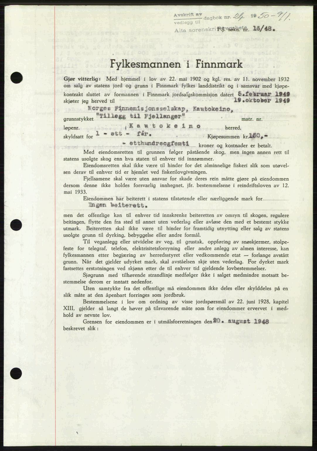 Alta fogderi/sorenskriveri, AV/SATØ-SATØ-5/1/K/Kd/L0038pantebok: Mortgage book no. 41-42, 1949-1950, Diary no: : 24/1950