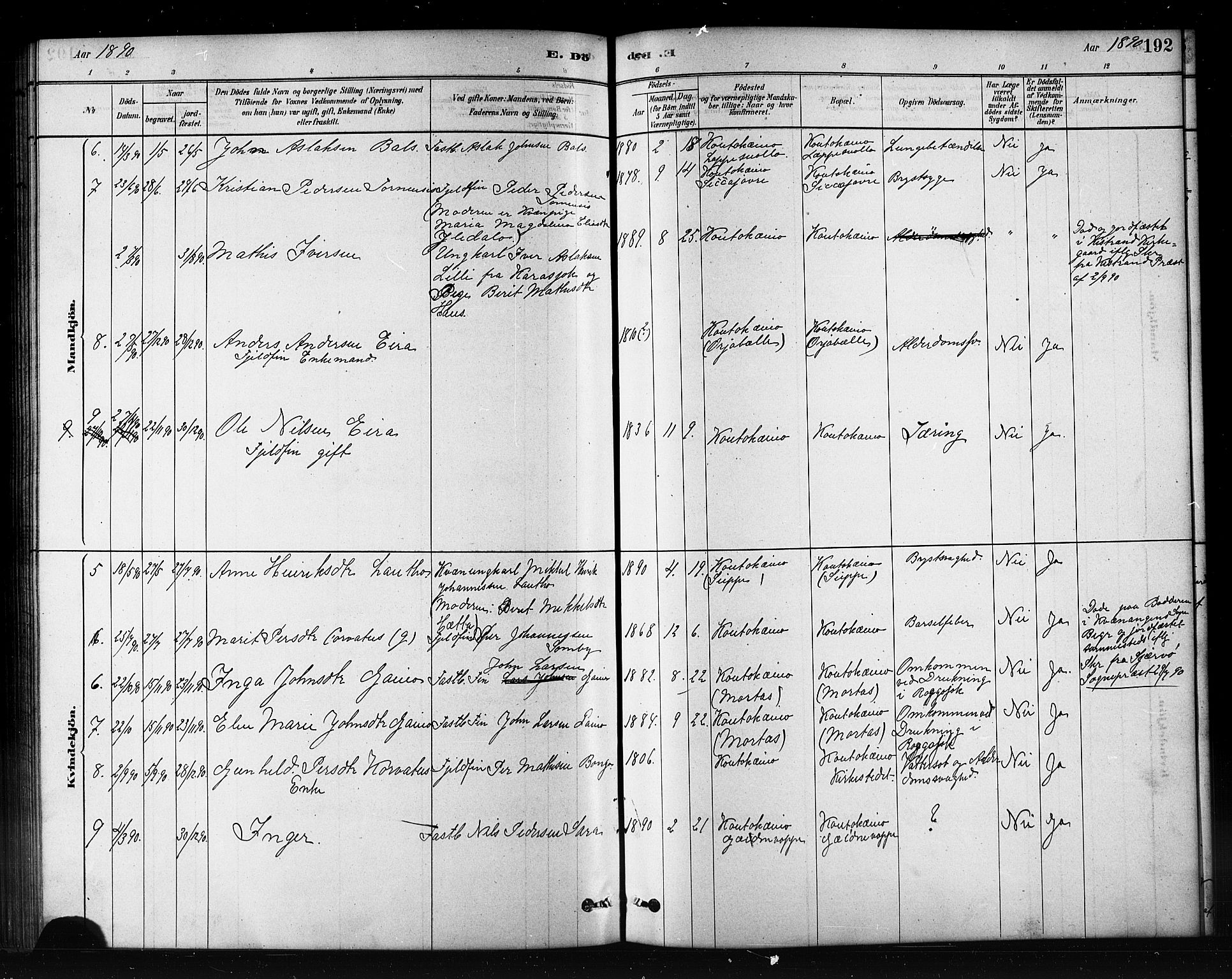 Kautokeino sokneprestembete, SATØ/S-1340/H/Hb/L0002.klokk: Parish register (copy) no. 2, 1877-1896, p. 192