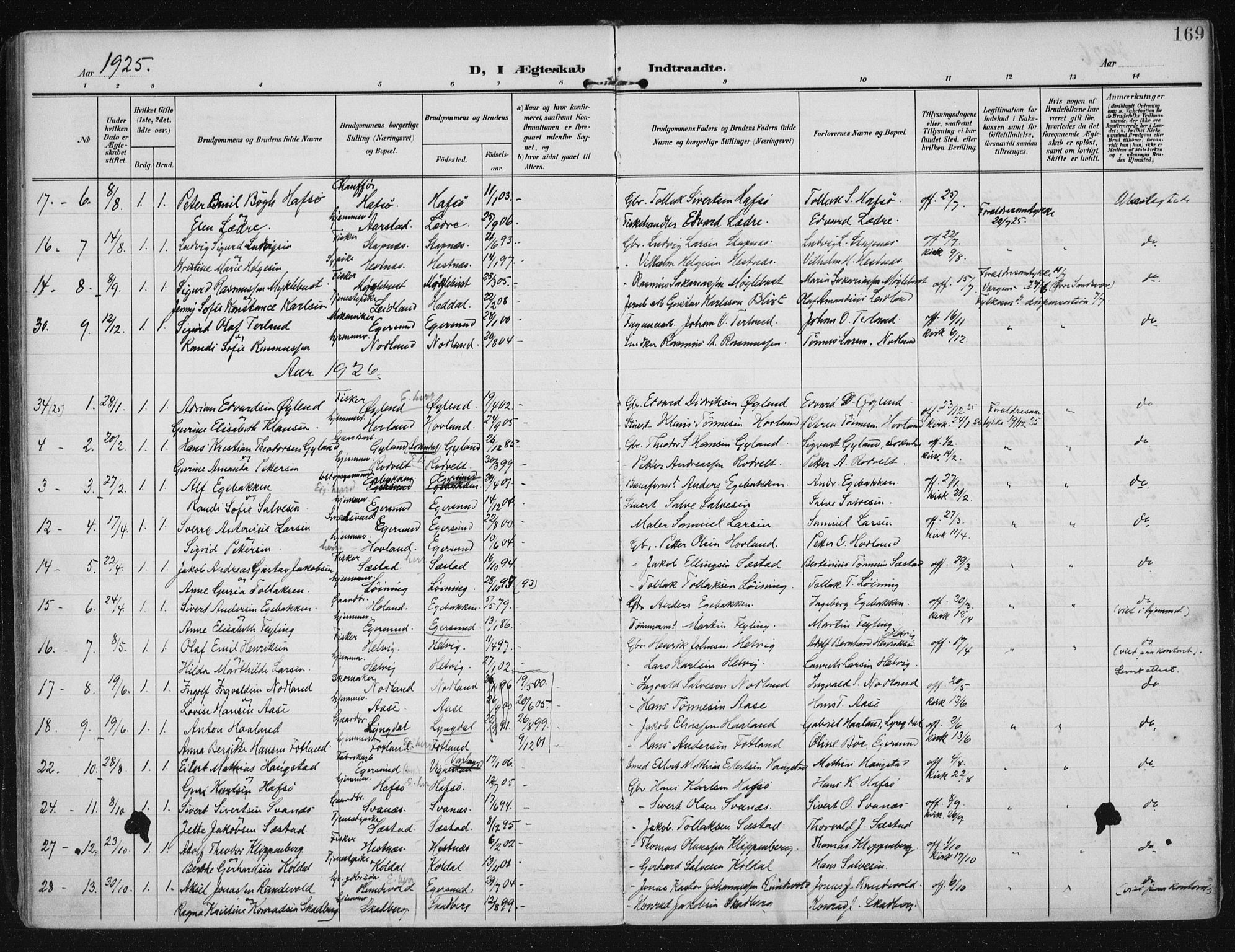 Eigersund sokneprestkontor, AV/SAST-A-101807/S08/L0021: Parish register (official) no. A 20, 1906-1928, p. 169