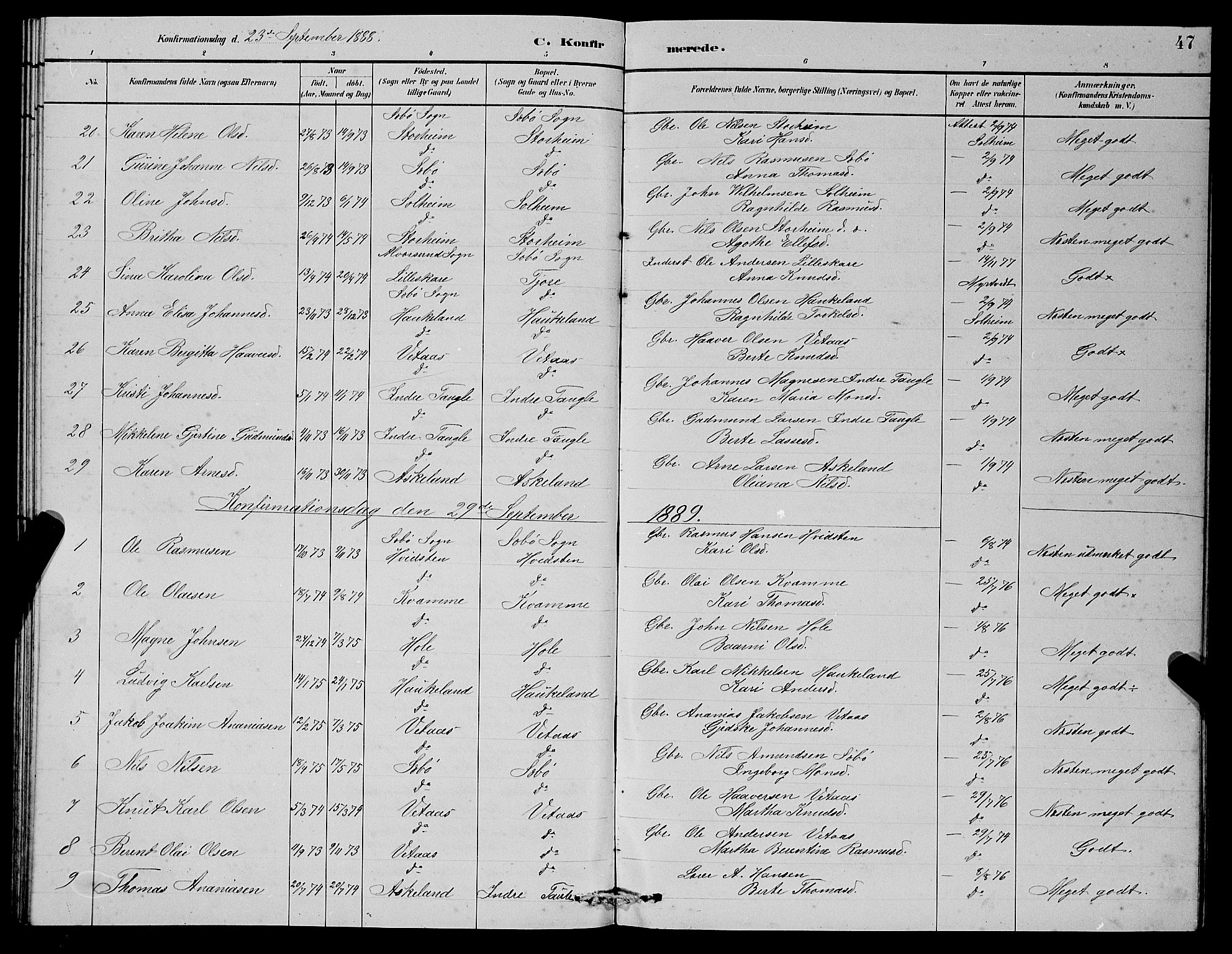 Manger sokneprestembete, SAB/A-76801/H/Hab: Parish register (copy) no. D 2, 1883-1894, p. 47