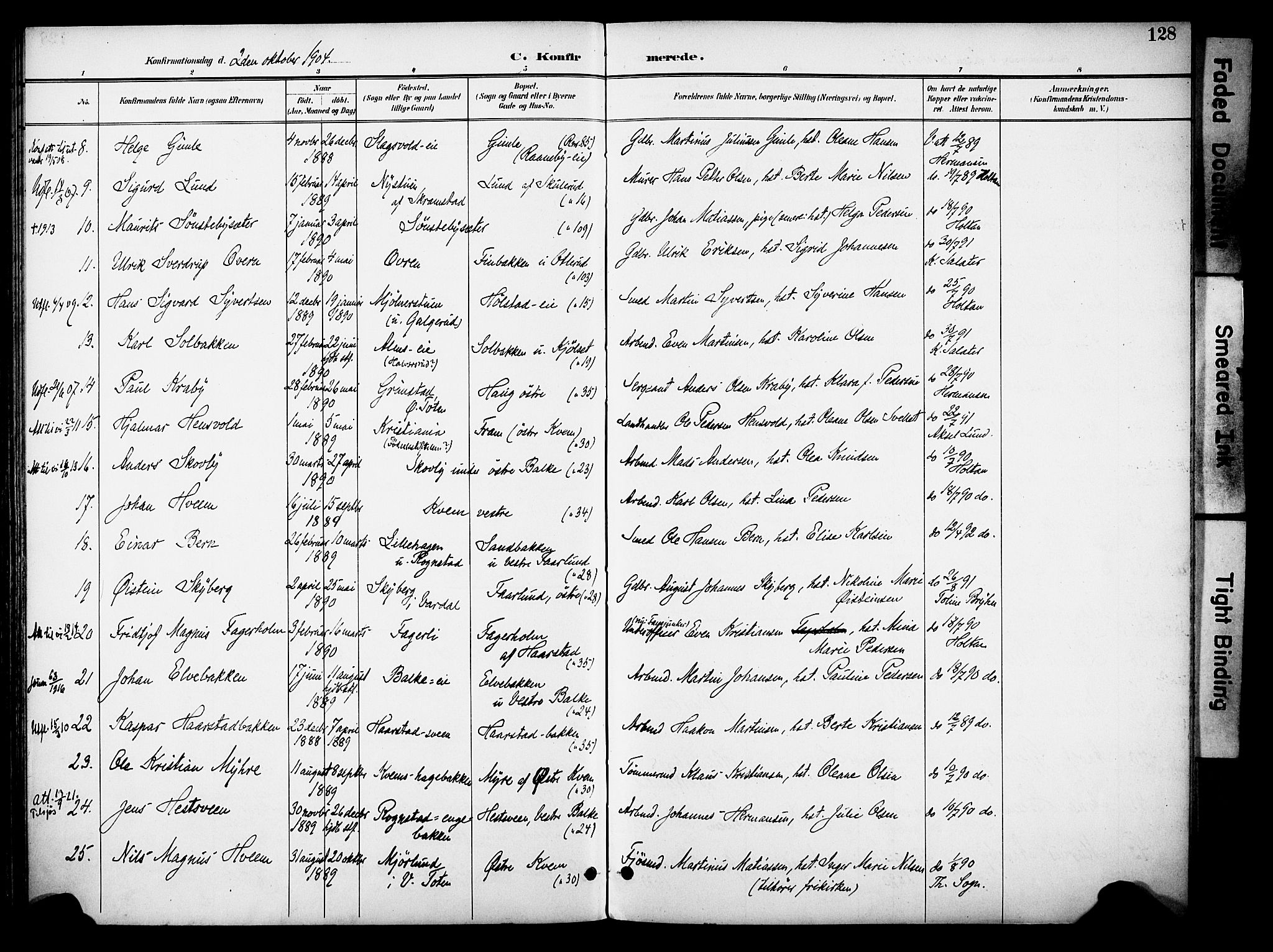 Østre Toten prestekontor, SAH/PREST-104/H/Ha/Haa/L0009: Parish register (official) no. 9, 1897-1913, p. 128