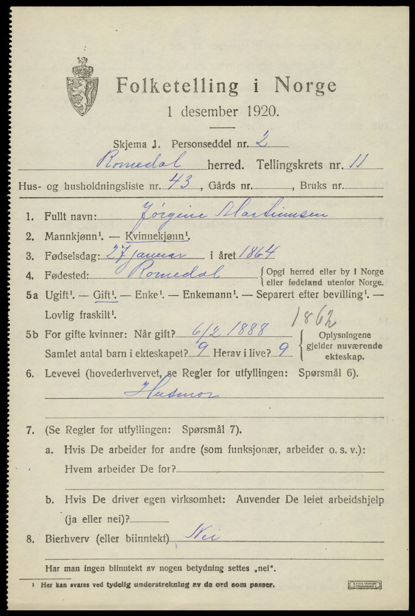 SAH, 1920 census for Romedal, 1920, p. 12583