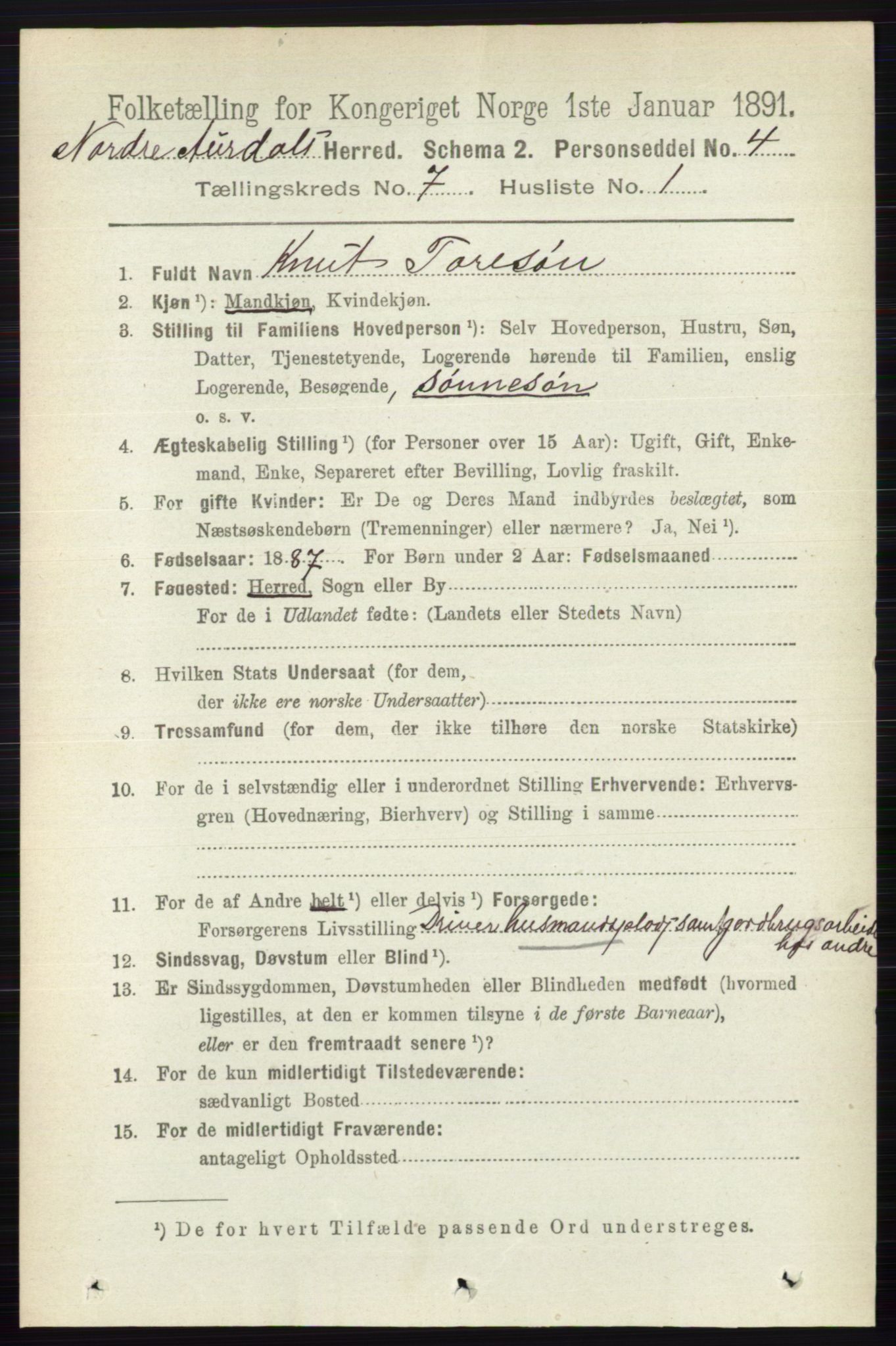 RA, 1891 census for 0542 Nord-Aurdal, 1891, p. 2386