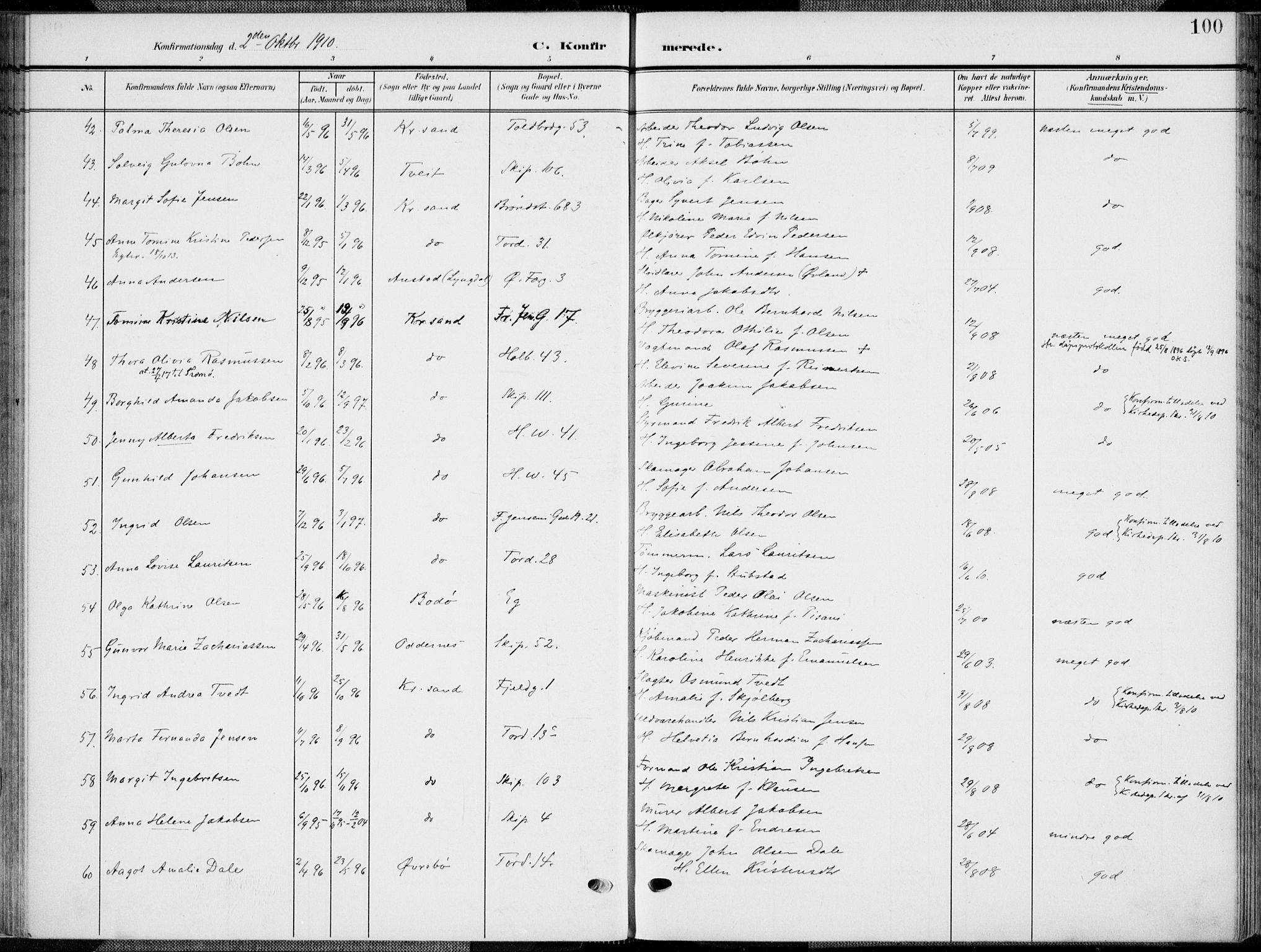 Kristiansand domprosti, SAK/1112-0006/F/Fa/L0022: Parish register (official) no. A 21, 1905-1916, p. 100