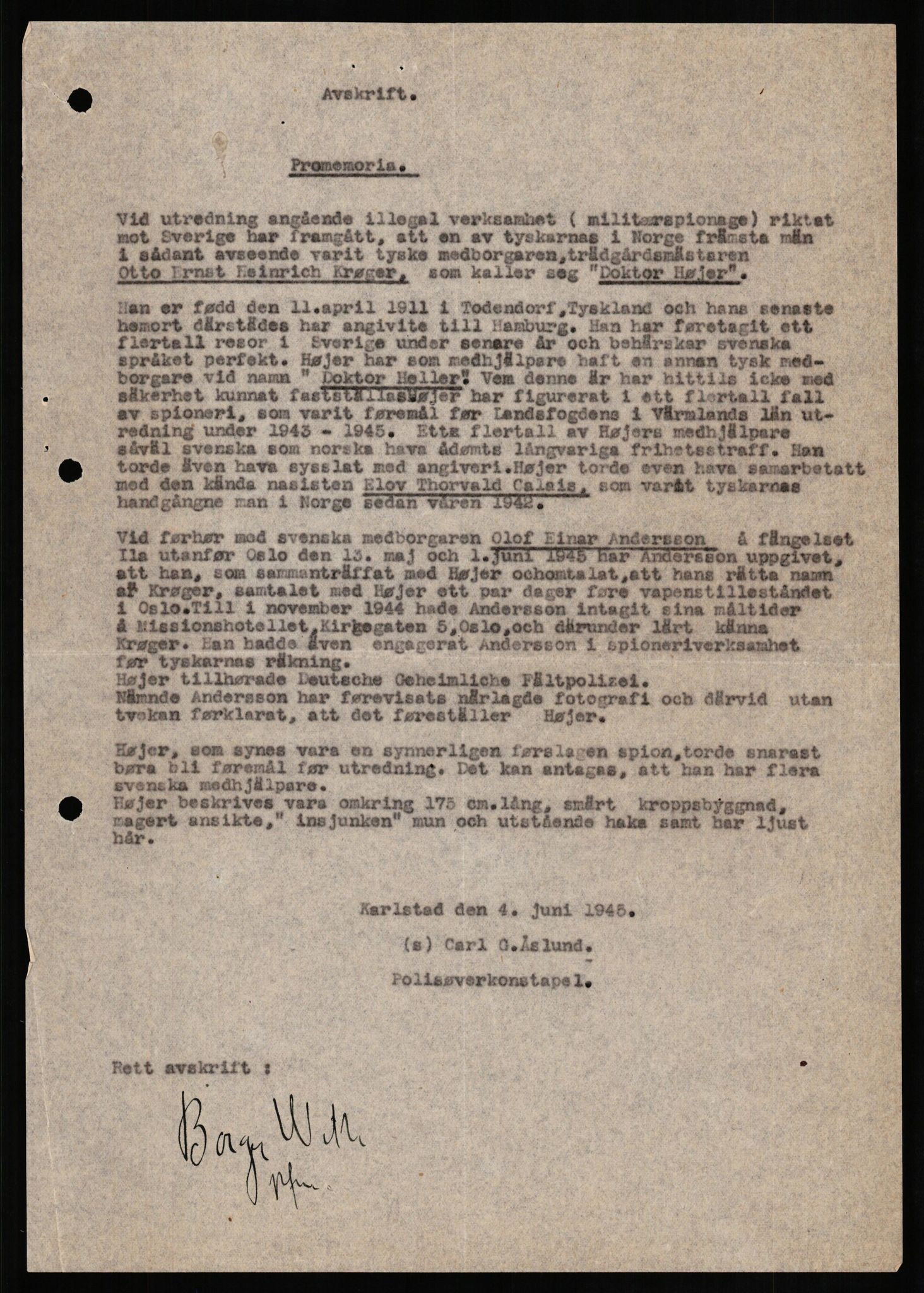 Forsvaret, Forsvarets overkommando II, AV/RA-RAFA-3915/D/Db/L0018: CI Questionaires. Tyske okkupasjonsstyrker i Norge. Tyskere., 1945-1946, p. 412