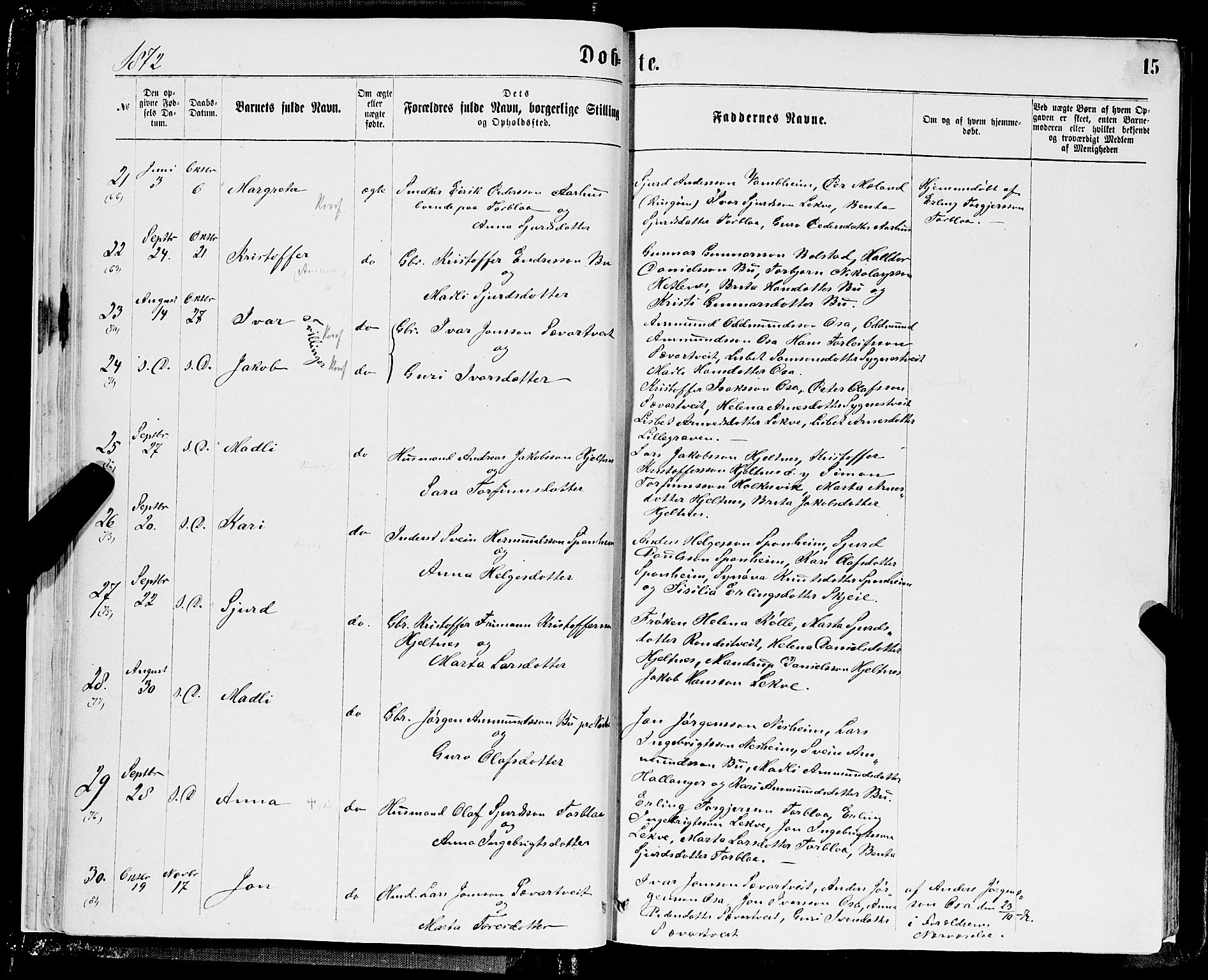 Ulvik sokneprestembete, SAB/A-78801/H/Hab: Parish register (copy) no. A 2, 1869-1882, p. 15