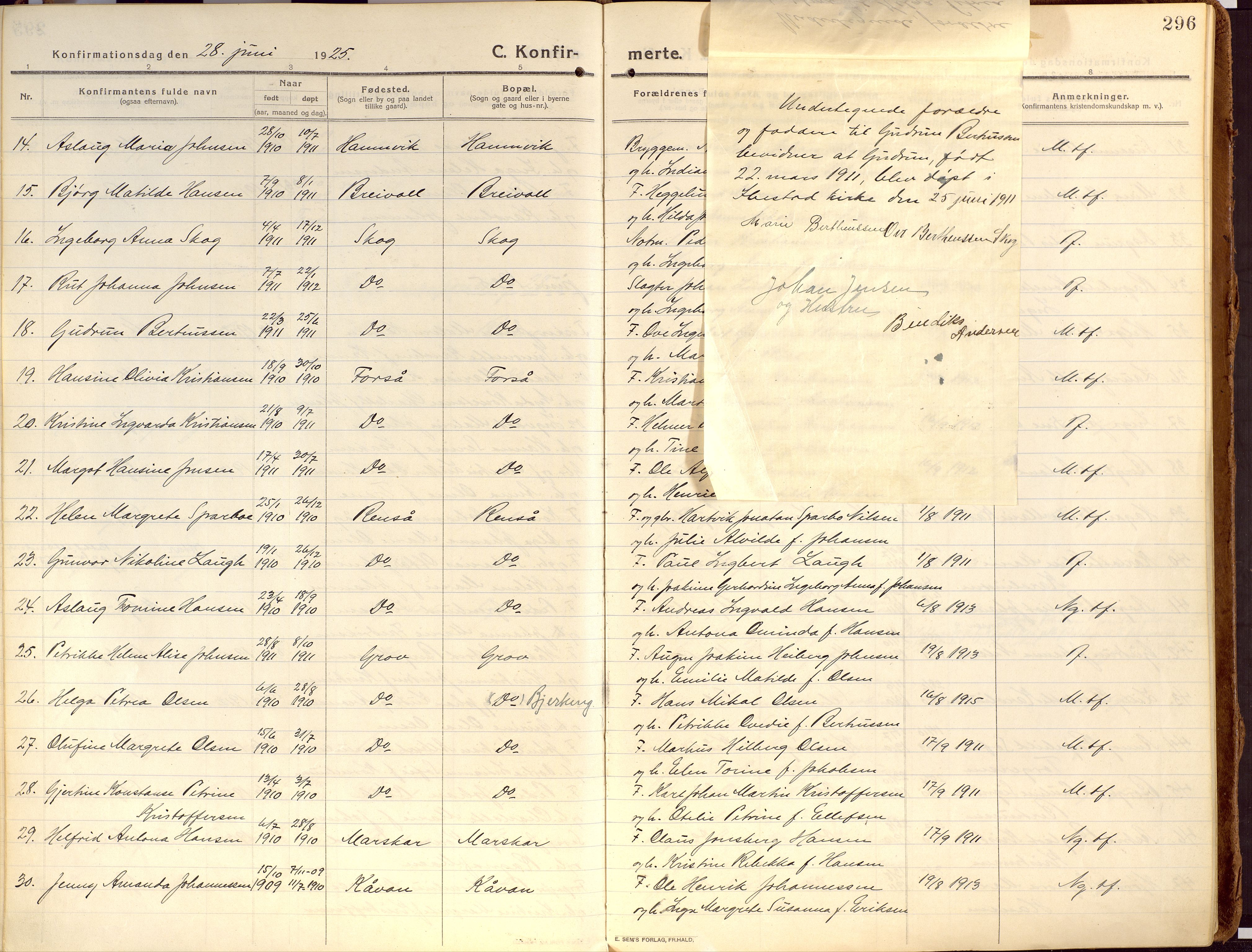 Ibestad sokneprestembete, SATØ/S-0077/H/Ha/Haa/L0018kirke: Parish register (official) no. 18, 1915-1929, p. 296