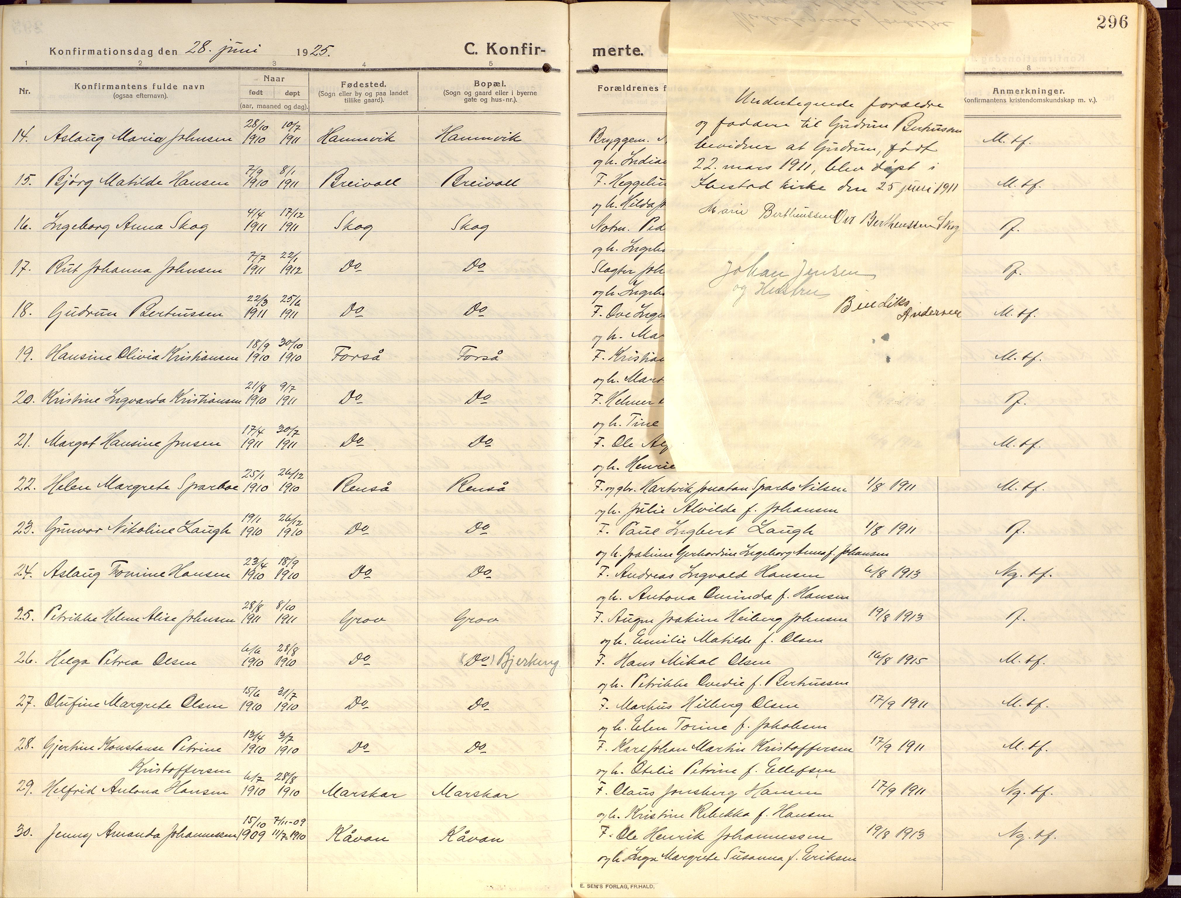 Ibestad sokneprestembete, AV/SATØ-S-0077/H/Ha/Haa/L0018kirke: Parish register (official) no. 18, 1915-1929, p. 296