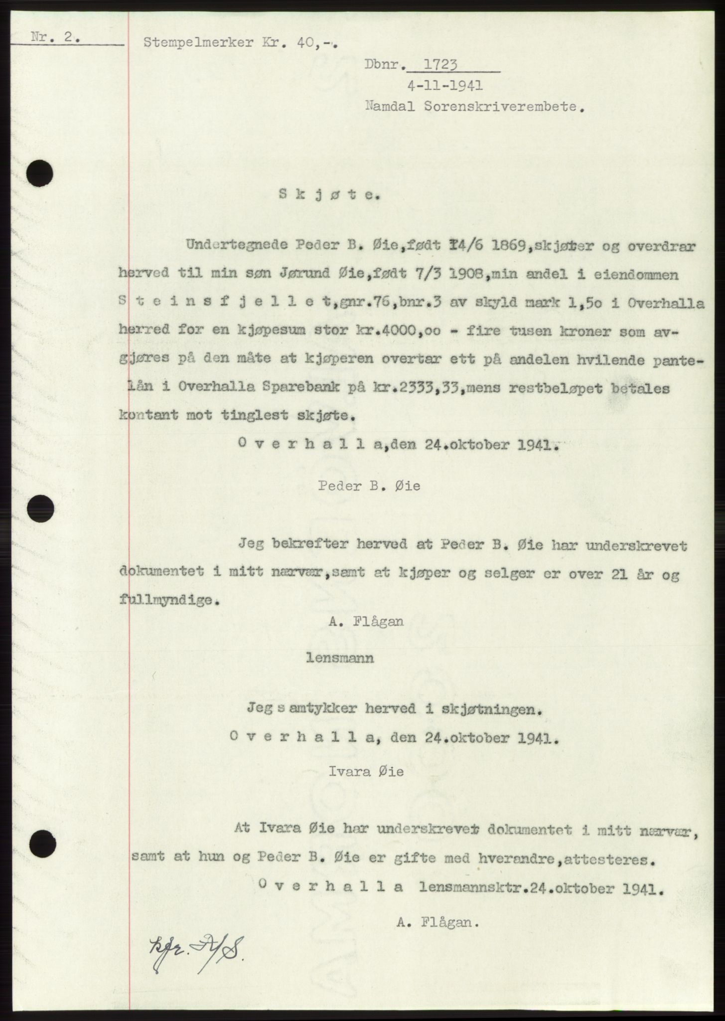 Namdal sorenskriveri, SAT/A-4133/1/2/2C: Mortgage book no. -, 1941-1942, Diary no: : 1723/1941