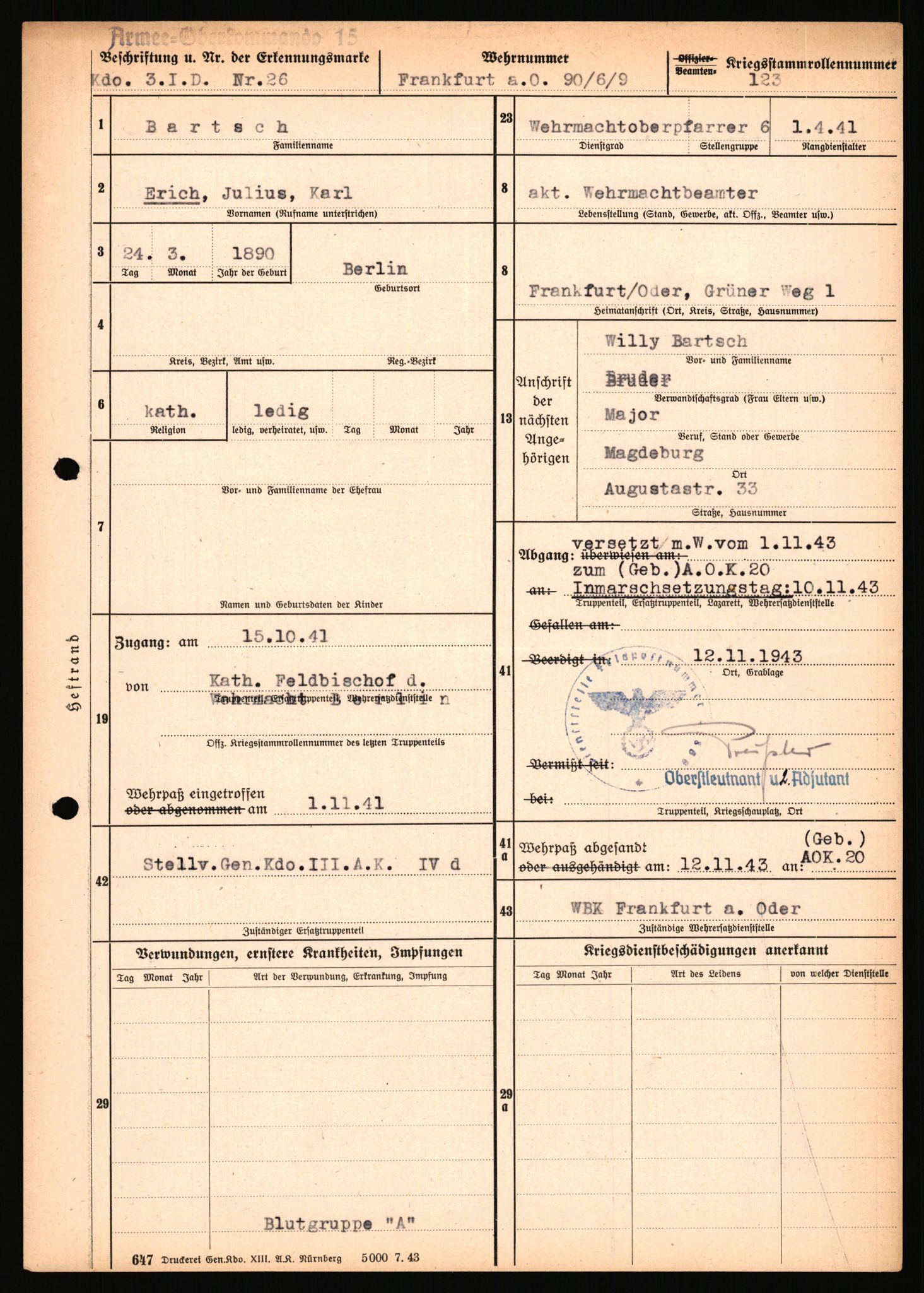 Forsvarets Overkommando. 2 kontor. Arkiv 11.4. Spredte tyske arkivsaker, AV/RA-RAFA-7031/D/Dar/Dara/L0018: Personalbøker, 1940-1945, p. 88